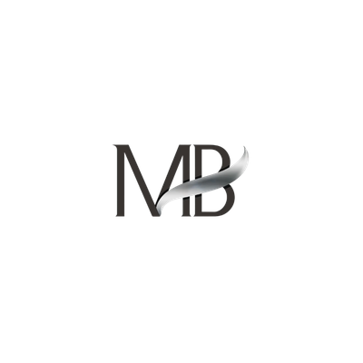 Black background with a silver and white logo featuring the letters "MB" intertwined (Mark Birch) , with a swoosh design across