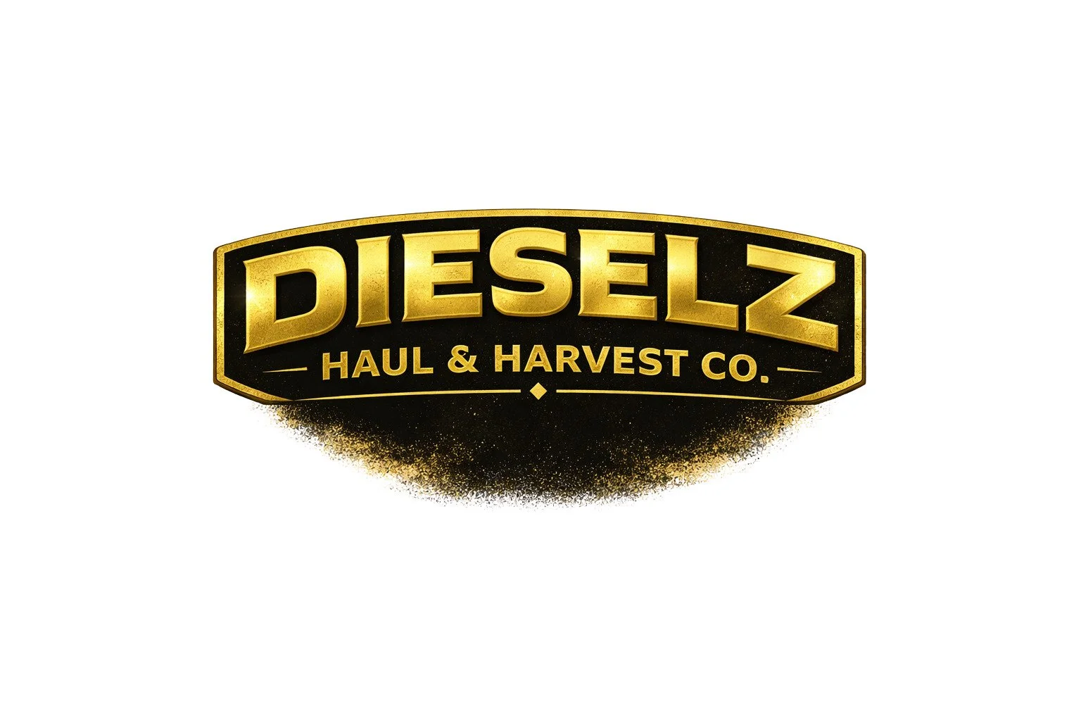 Black and gold logo for Dieselz Haul & Harvest Co., with a gold border and lettering, and a black background with gold speckles underneath.