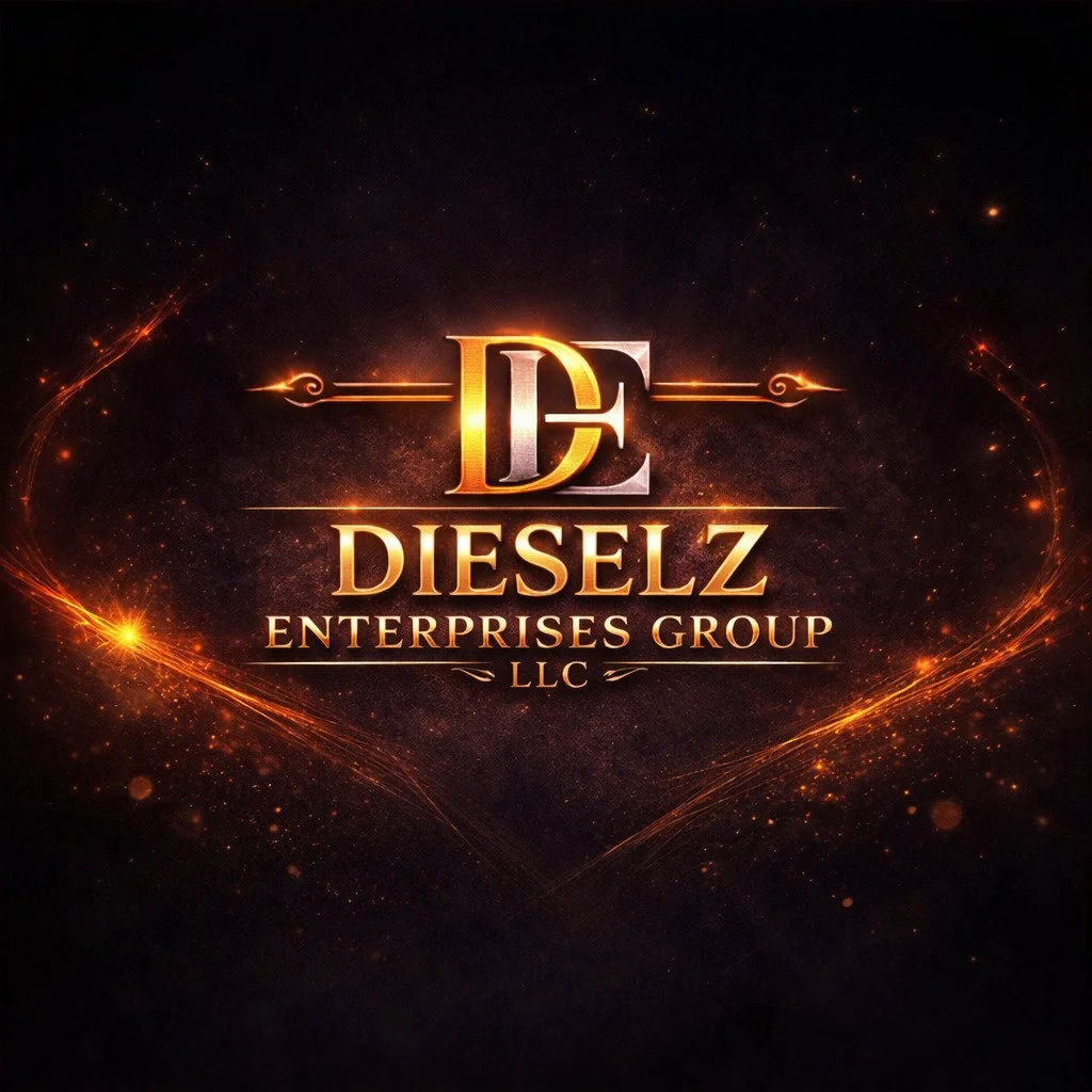 A logo with the initials 'D' and 'E' surrounded by glowing light effects and sparkles. Below the initials, the text reads 'DIESELZ ENTERPRISES GROUP LLC' in bold, gold, and copper-colored font.