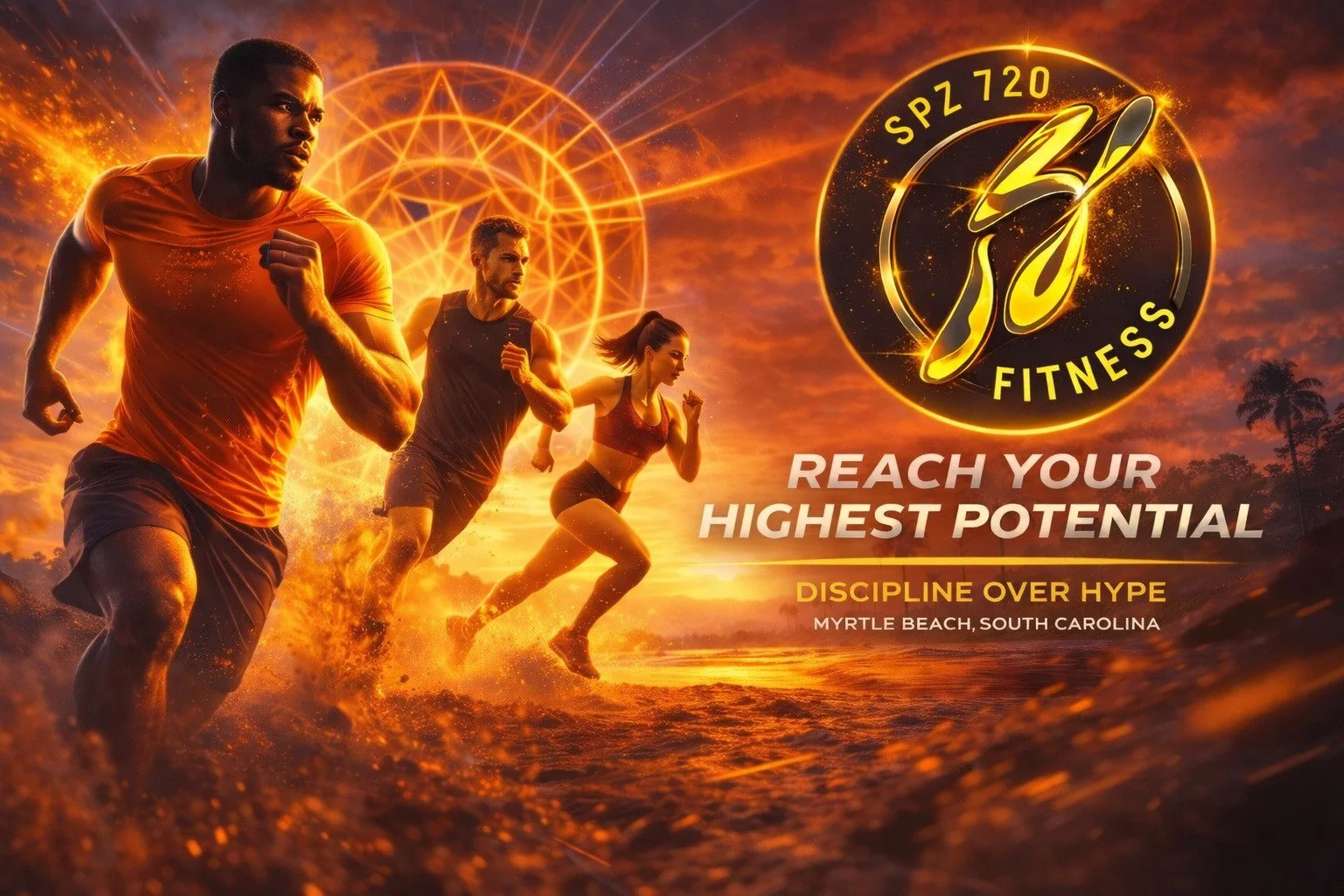Three people running on a beach during sunset, with a glowing geometric design and a fitness logo in the background. The image promotes reaching one's highest potential with discipline over hype in Myrtle Beach, South Carolina.