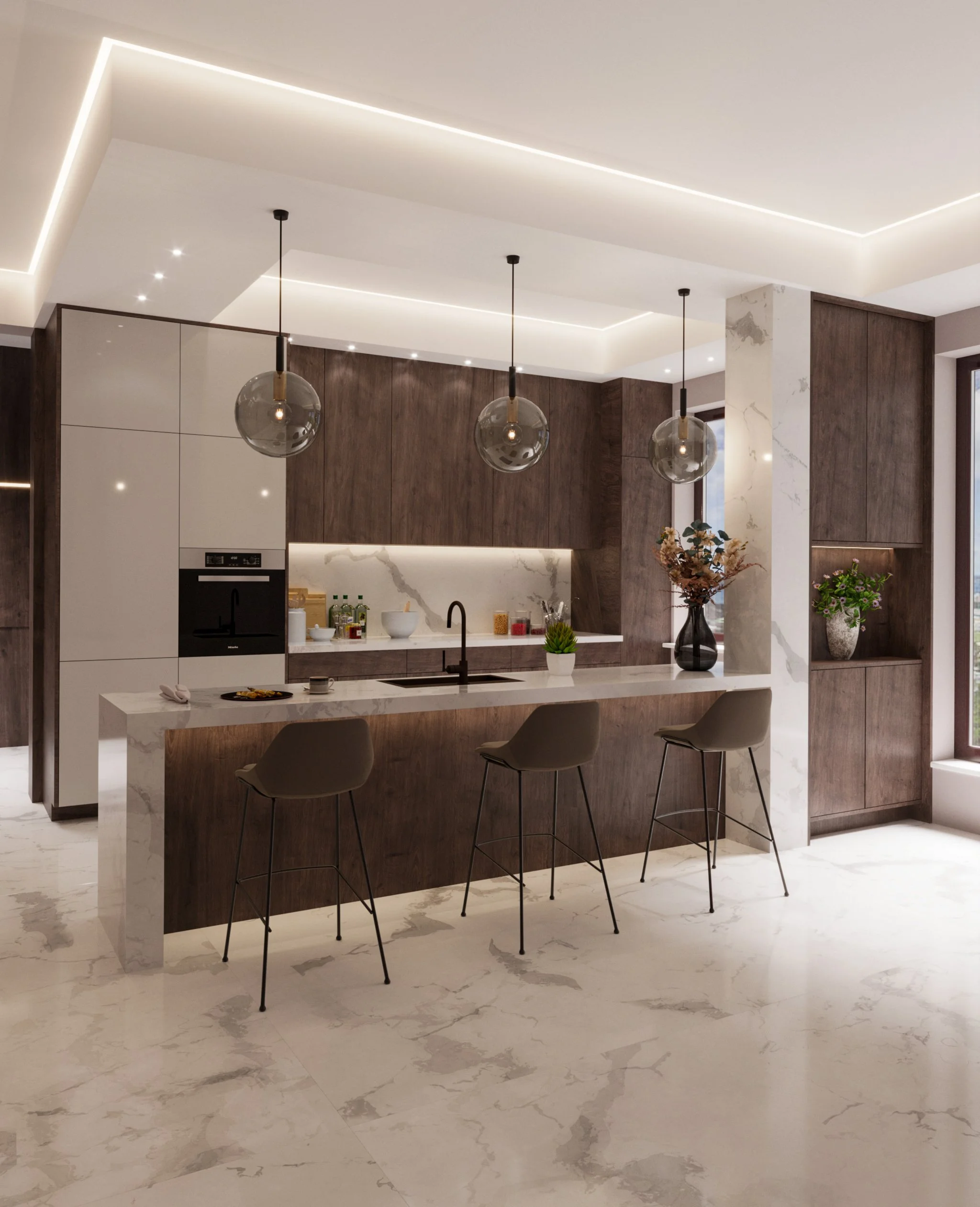 Modern kitchen with white marble island, dark wood cabinetry, pendant lights, and decorative plants.