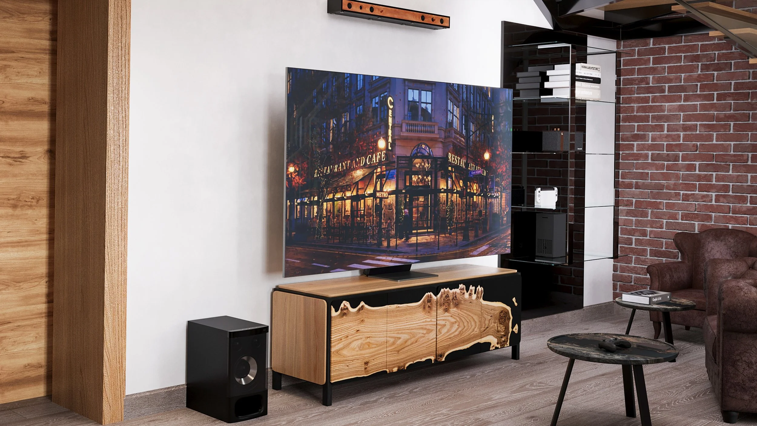 Modern living room with wooden and brick walls, a flat-screen TV displaying a city scene at night, a black speaker, a wood and black TV stand, a leather armchair, and two small round coffee tables.