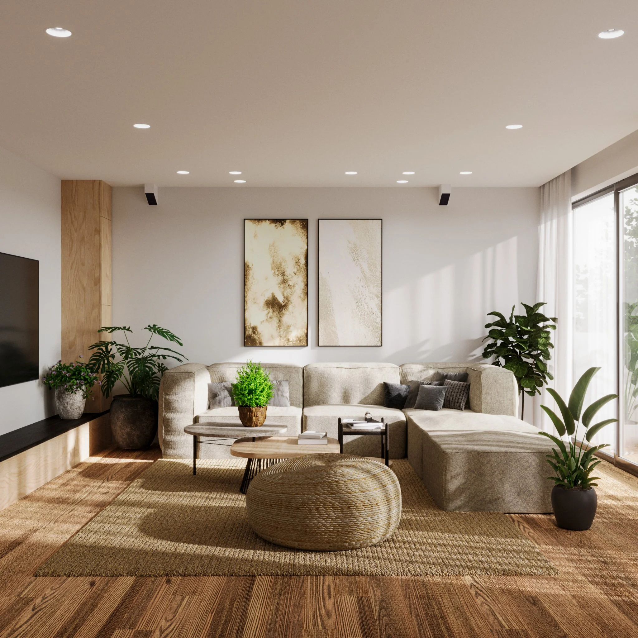 Modern living room with beige sectional sofa, potted plants, abstract artwork, wooden accents, and large window with curtains, illuminated by ceiling lights.