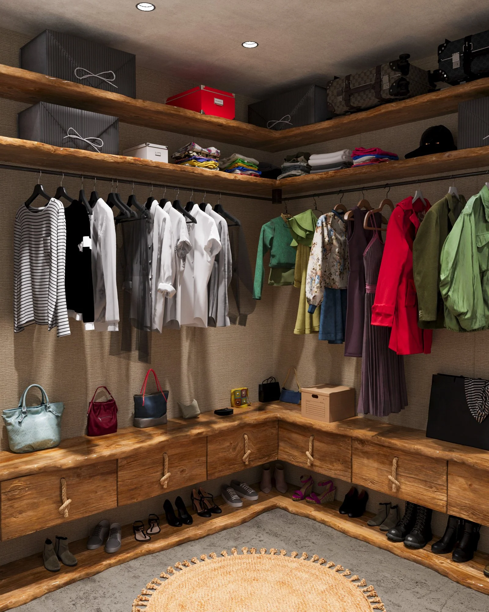 Walk-in closet with hanging clothes, shelves with storage boxes and folded clothes, handbags on a wooden counter, shoes on the floor, and a round rug.