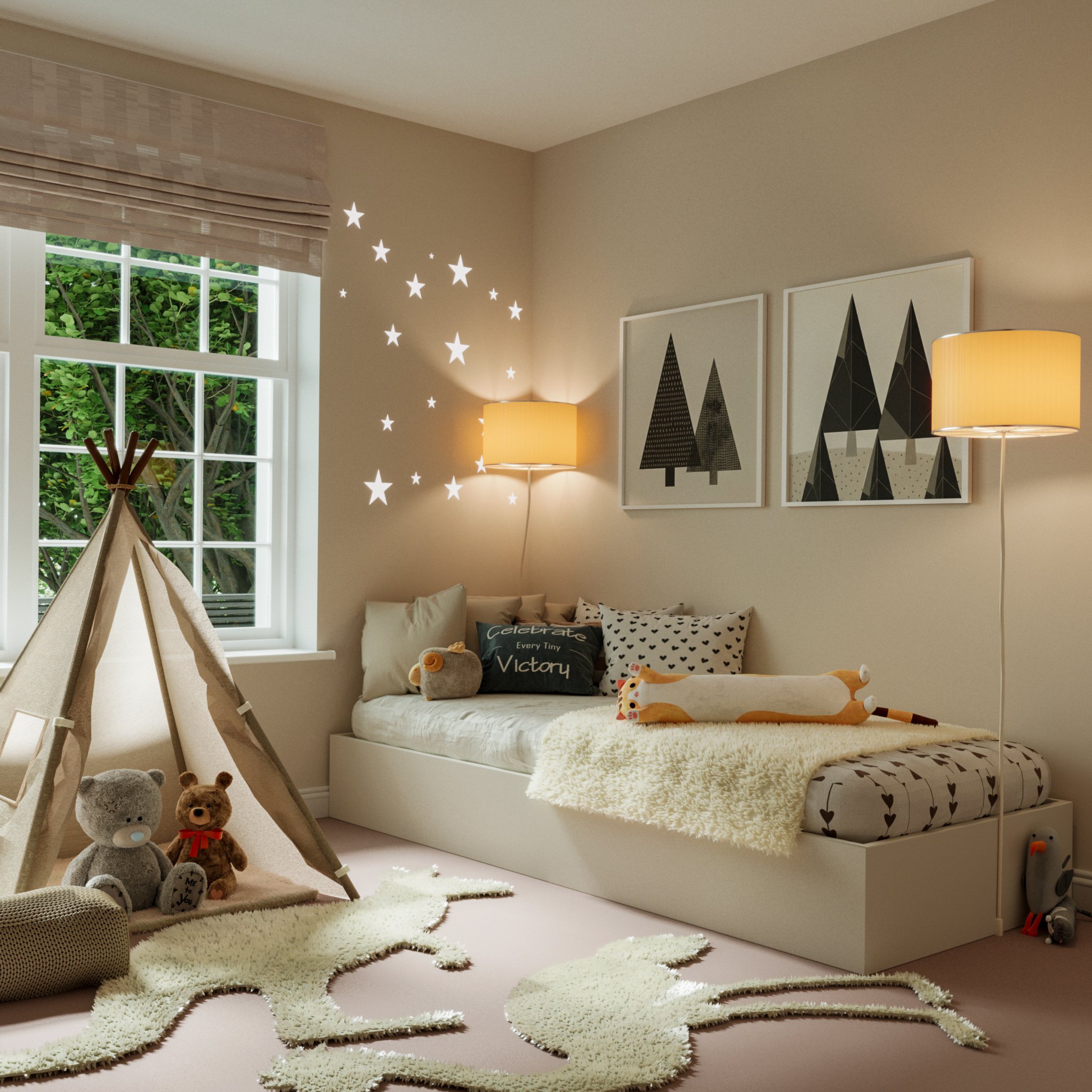 A cozy children's bedroom with a window, a small bed with pillows and stuffed toys, a teepee tent with teddy bears, star-shaped wall decals, and warm lighting from wall-mounted lamps and a floor lamp.