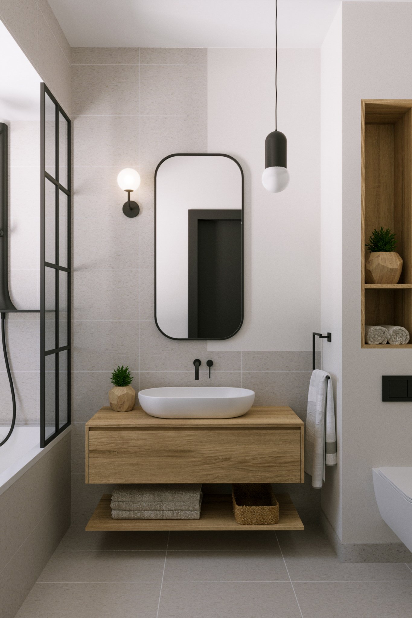 Modern bathroom with wooden vanity, white vessel sink, large mirror, black wall-mounted faucet, wall sconce light, hanging pendant light, small plant, towel, and built-in shelf with rolled towels.