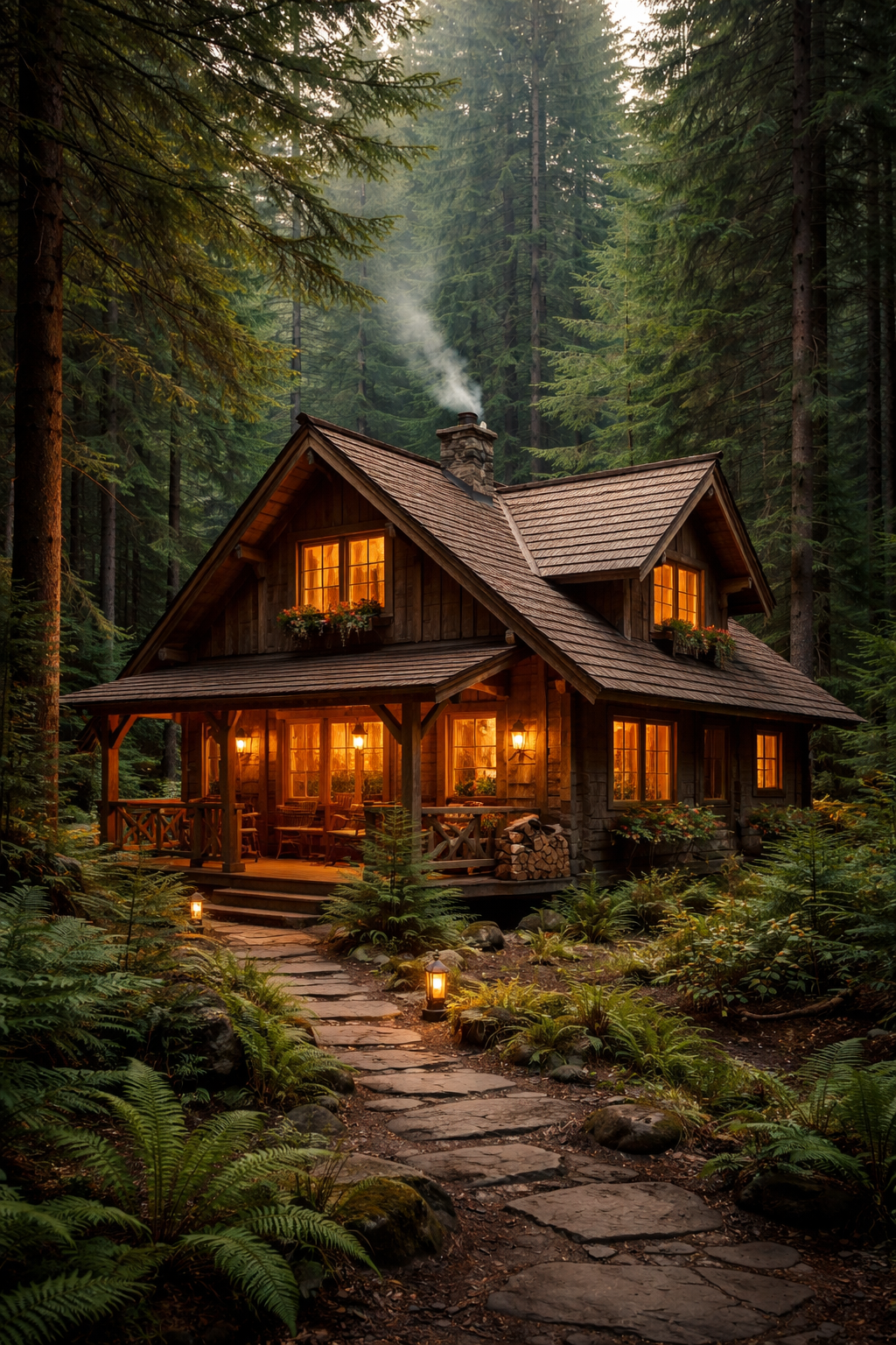 A cozy cabin in the woods with warm glowing lights, surrounded by tall trees and a stone pathway leading to the front porch.