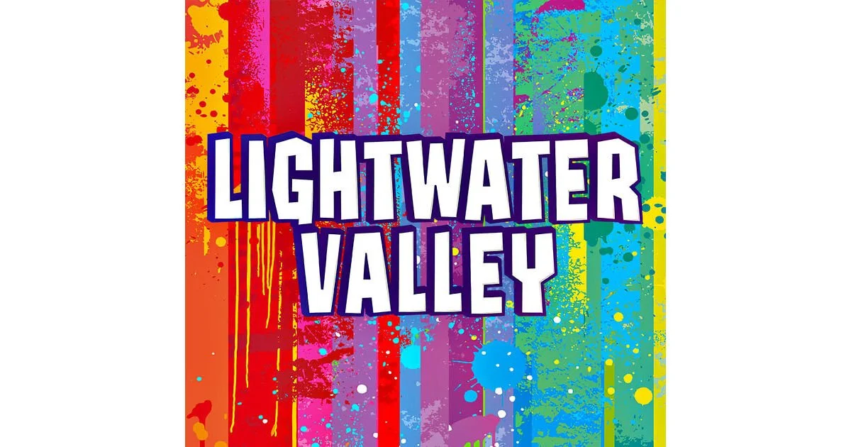 Colorful splash paint background with the words "Lightwater Valley" in bold, stylized font.