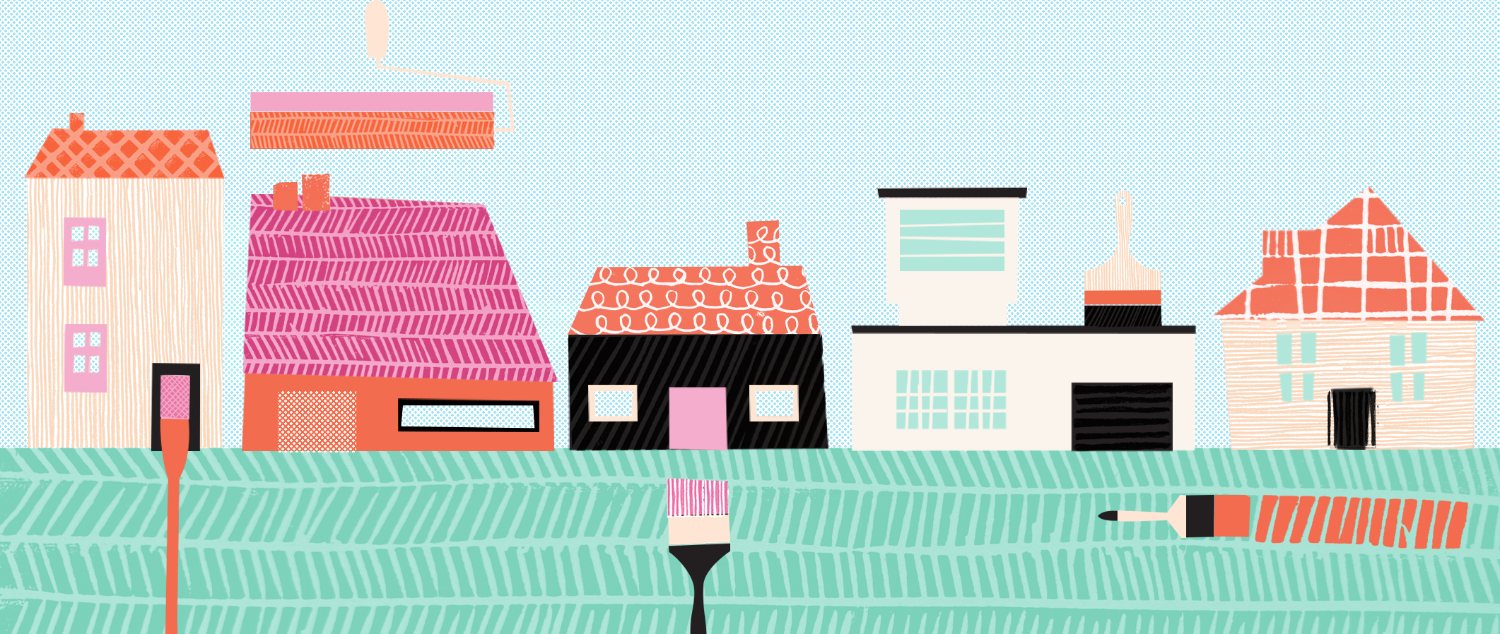 Illustration of colorful houses behind a green fence on a blue sky background.