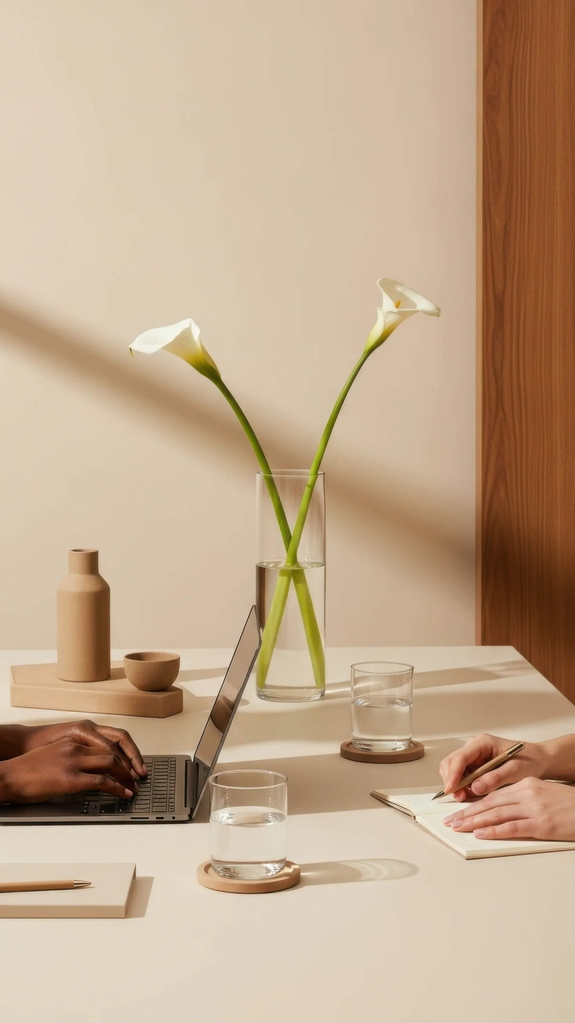 A minimalist workspace with two people working, one on a laptop and the other writing in a notebook, with a vase of two calla lilies, glasses of water, and decorative ceramics on the table.