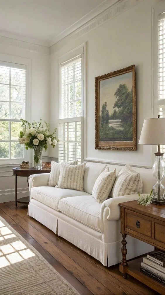 A cozy living room corner with a white upholstered sofa, multiple cream-colored pillows, a wooden side table with a glass lamp, a large framed landscape painting, a wooden console table with a vase of white flowers, and hardwood floors with a beige rug. Two large windows with white blinds allow natural light into the room.