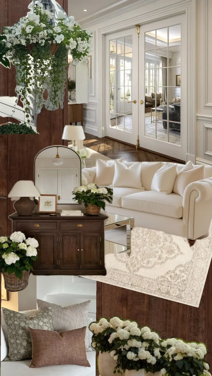 A living room scene with a white sofa, decorative pillows, a wooden sideboard with a mirror, a table lamp, and a potted plant. Large glass double doors lead to an adjacent room with more furniture and large windows, all in a classic, elegant interior style decorated with flowers and neutral tones.