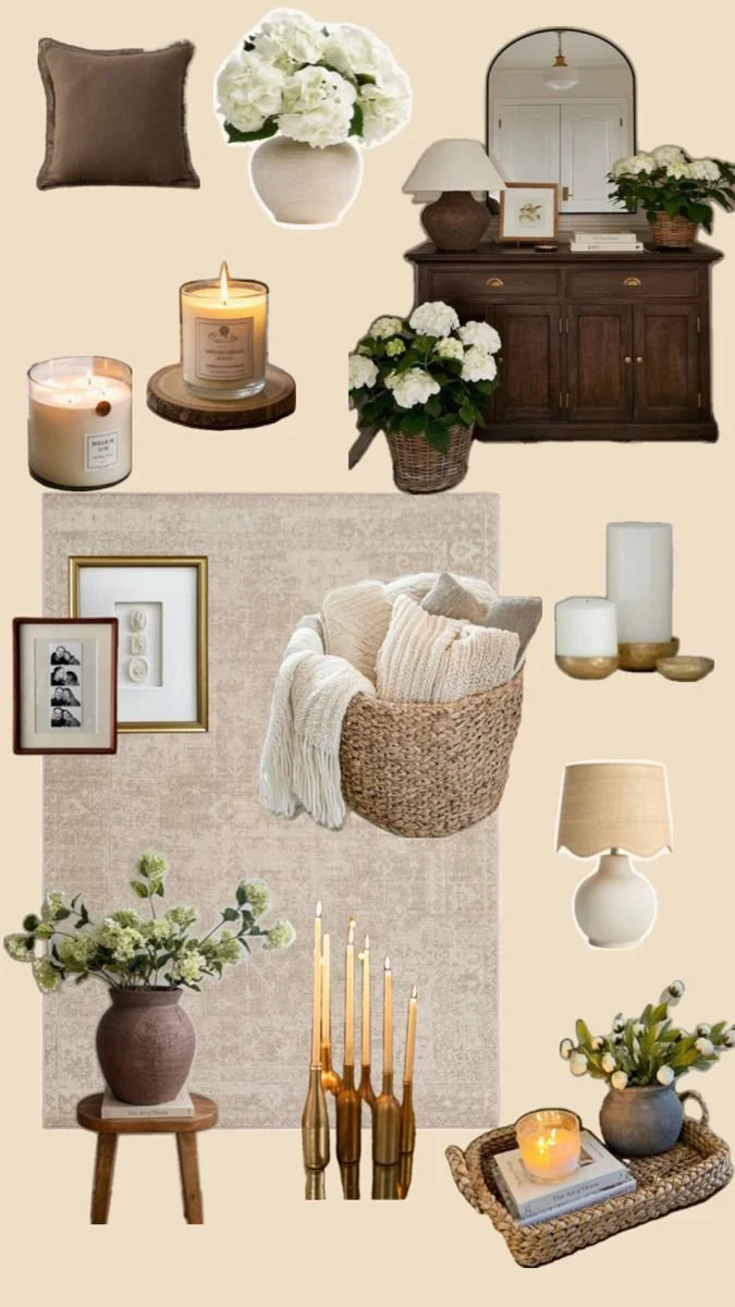 A collection of home decor items including candles, vases with flowers, framed pictures, a wicker basket with pillows, a wooden sideboard with a mirror, and various lamps, arranged in a cozy living room setting.
