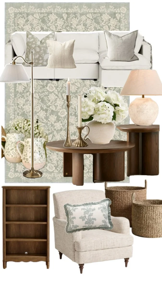 A collage of living room furniture and decor, including a white sofa with beige pillows, a white armchair with a decorative pillow, wooden tables, vases with flowers, a lamp, and a floral-patterned rug.
