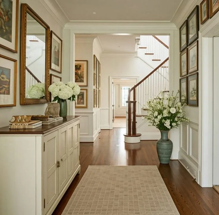 A hallway of a home with white walls and wood flooring, decorated with framed artwork and large floral arrangements in vases.