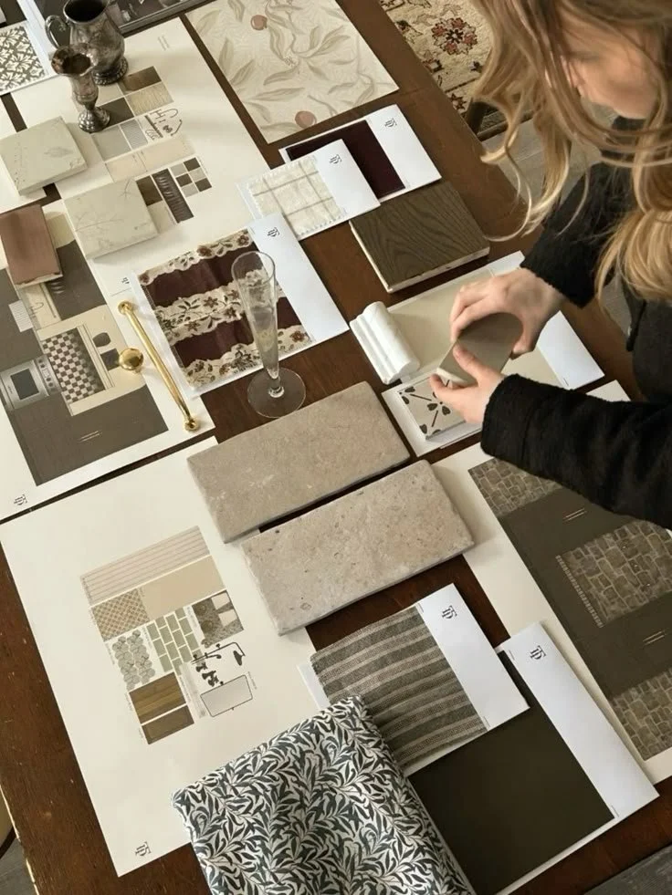 Person looking at interior design samples, fabric swatches, tile samples, and color palettes on a table.