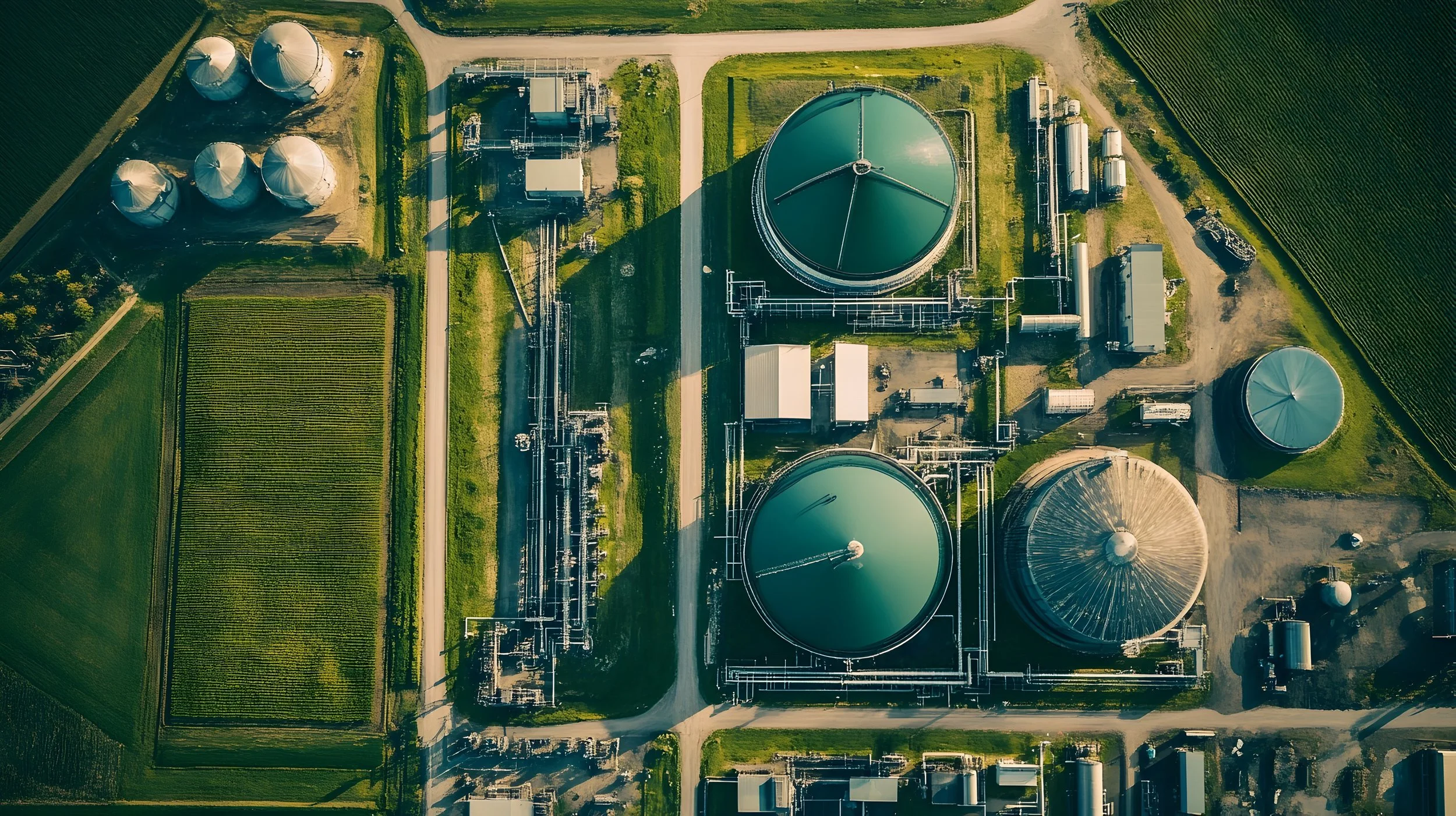 Aerial view of a large industrial facility with multiple storage tanks, pipelines, and surrounding green fields.