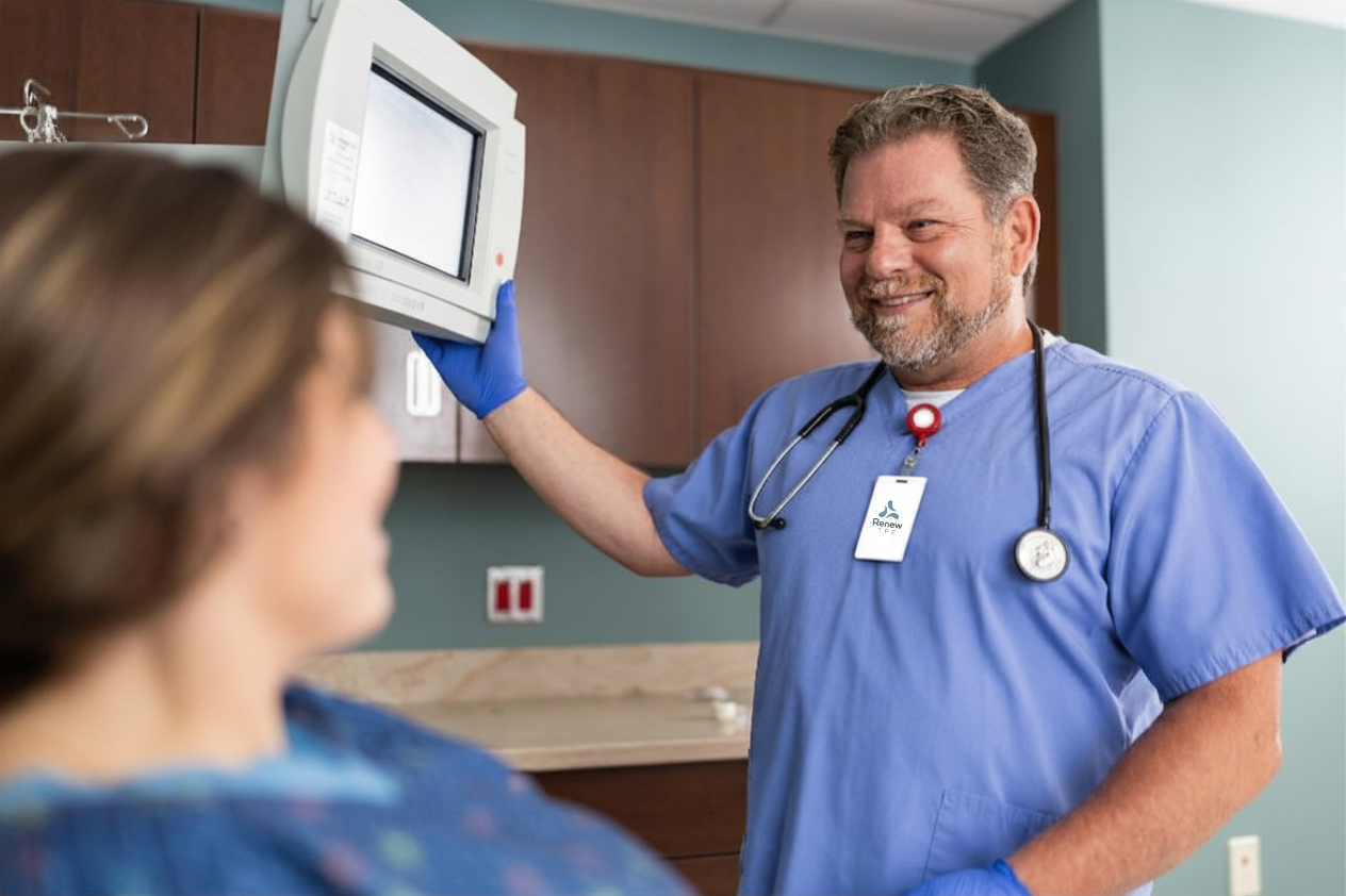 A male healthcare professional in blue scrubs and a stethoscope around his neck smiling at a patient in a clinic.