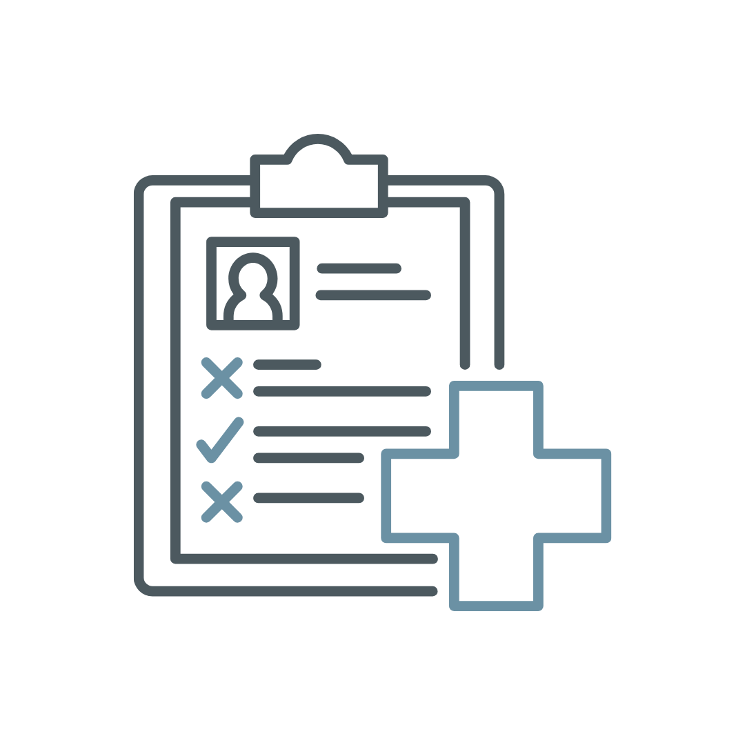 A checklist on a clipboard with a person's silhouette, checkmarks, crosses, and a medical cross symbol.