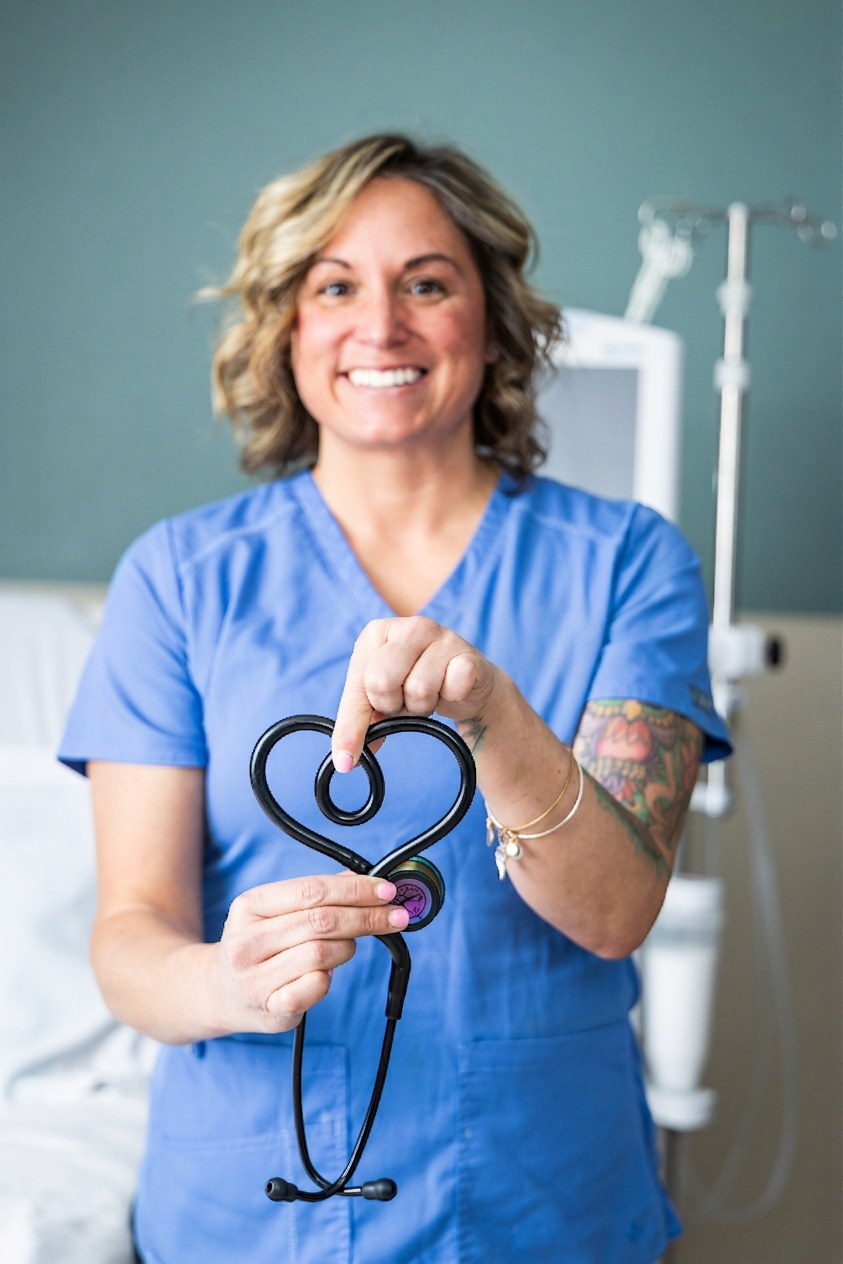 A smiling nurse holding a stethoscope shaped like a heart in a hospital room