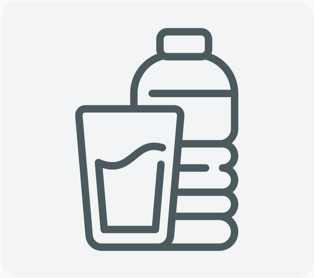Outline of a water bottle, glass of water, and a stack of towels.