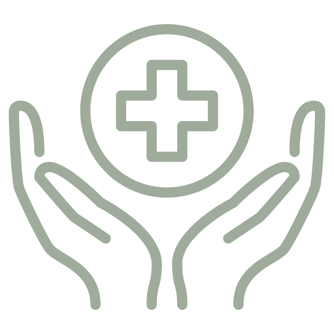 Outline of two hands surrounding a circle with a medical cross inside.