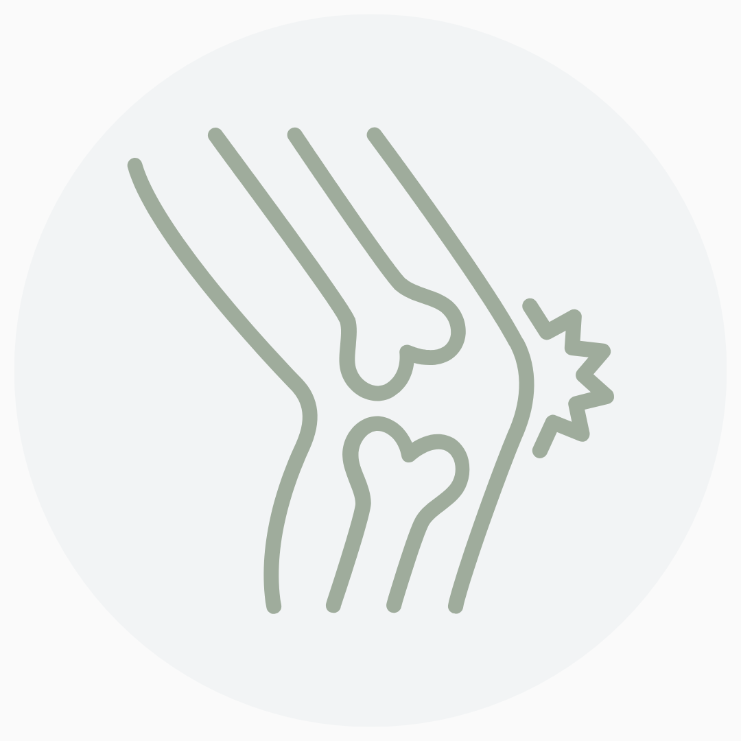 Outline illustration of a knee joint with a pain indicator or injury sign.