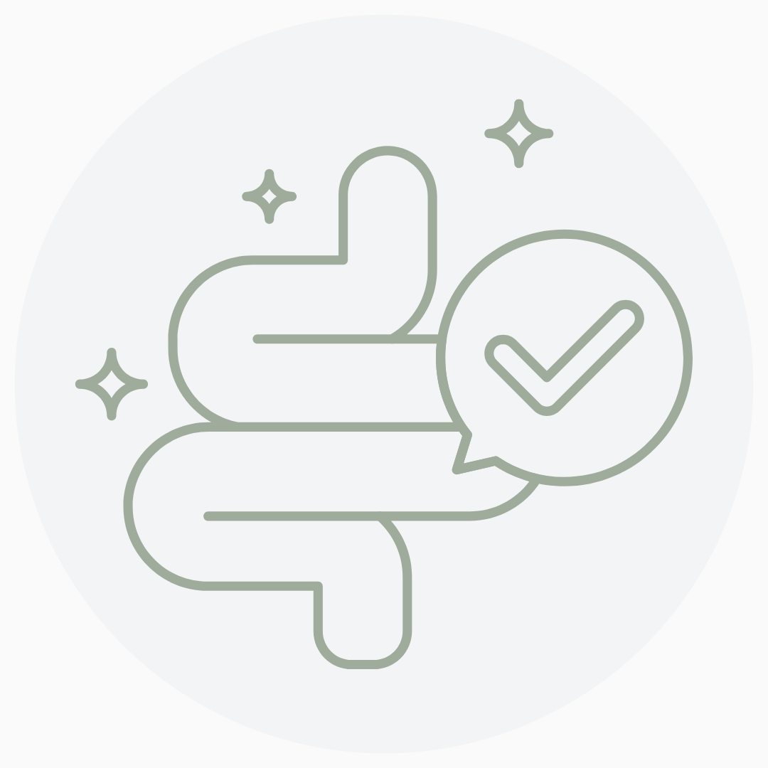 An illustration of a body with a checkmark inside a speech bubble, surrounded by sparkling stars, indicating health or wellness.