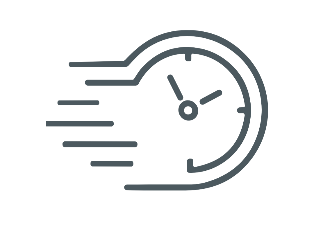 A stylized clock with motion lines indicating fast speed or time passing quickly.