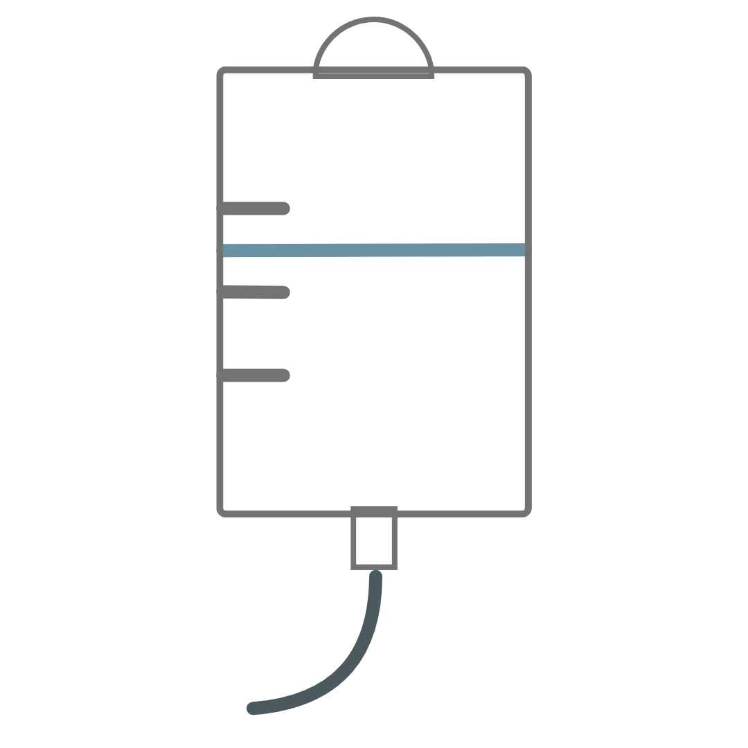 Medical IV fluid bag with a connected tube.
