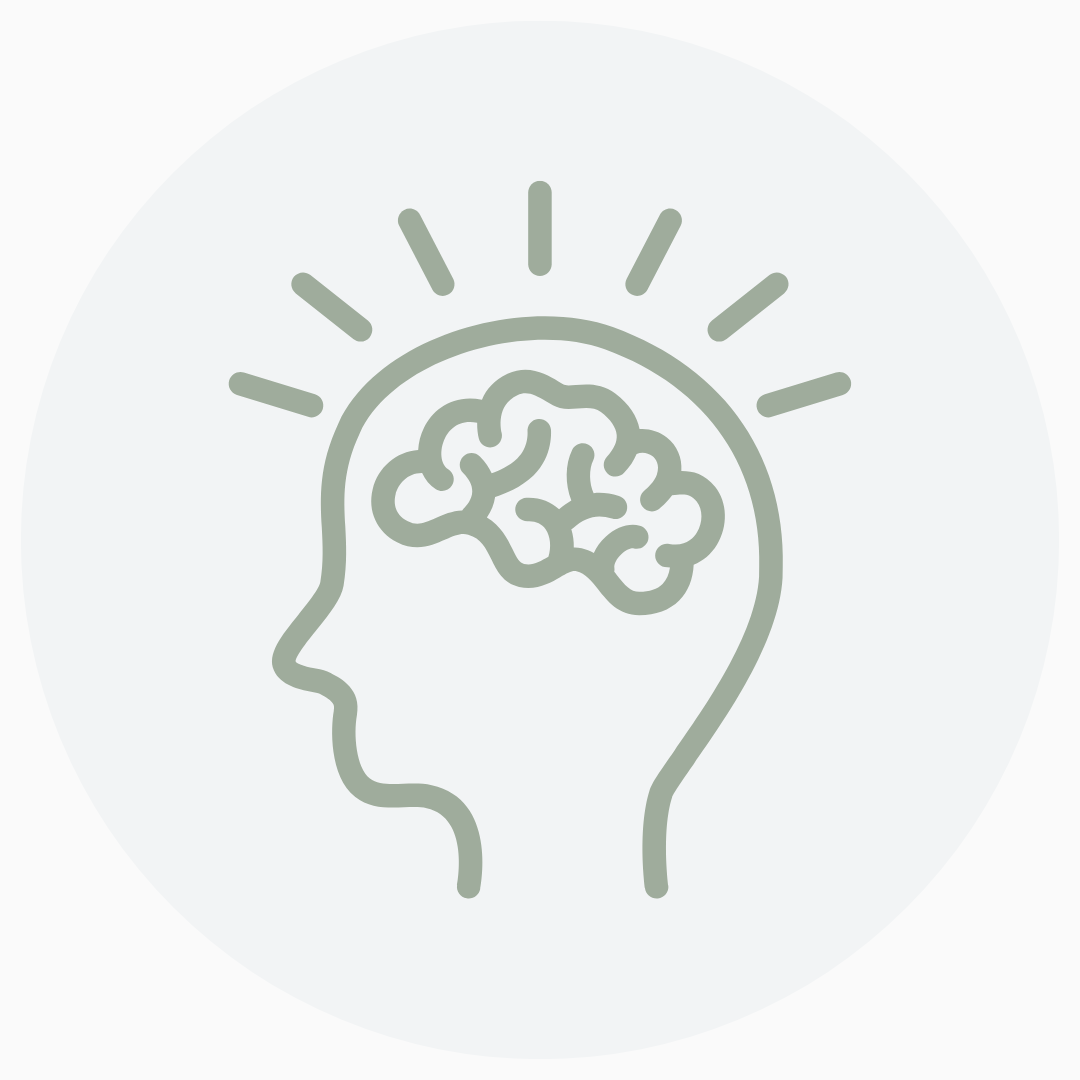 Line drawing of a human head profile with a brain and radiating lines, symbolizing ideas or thinking.