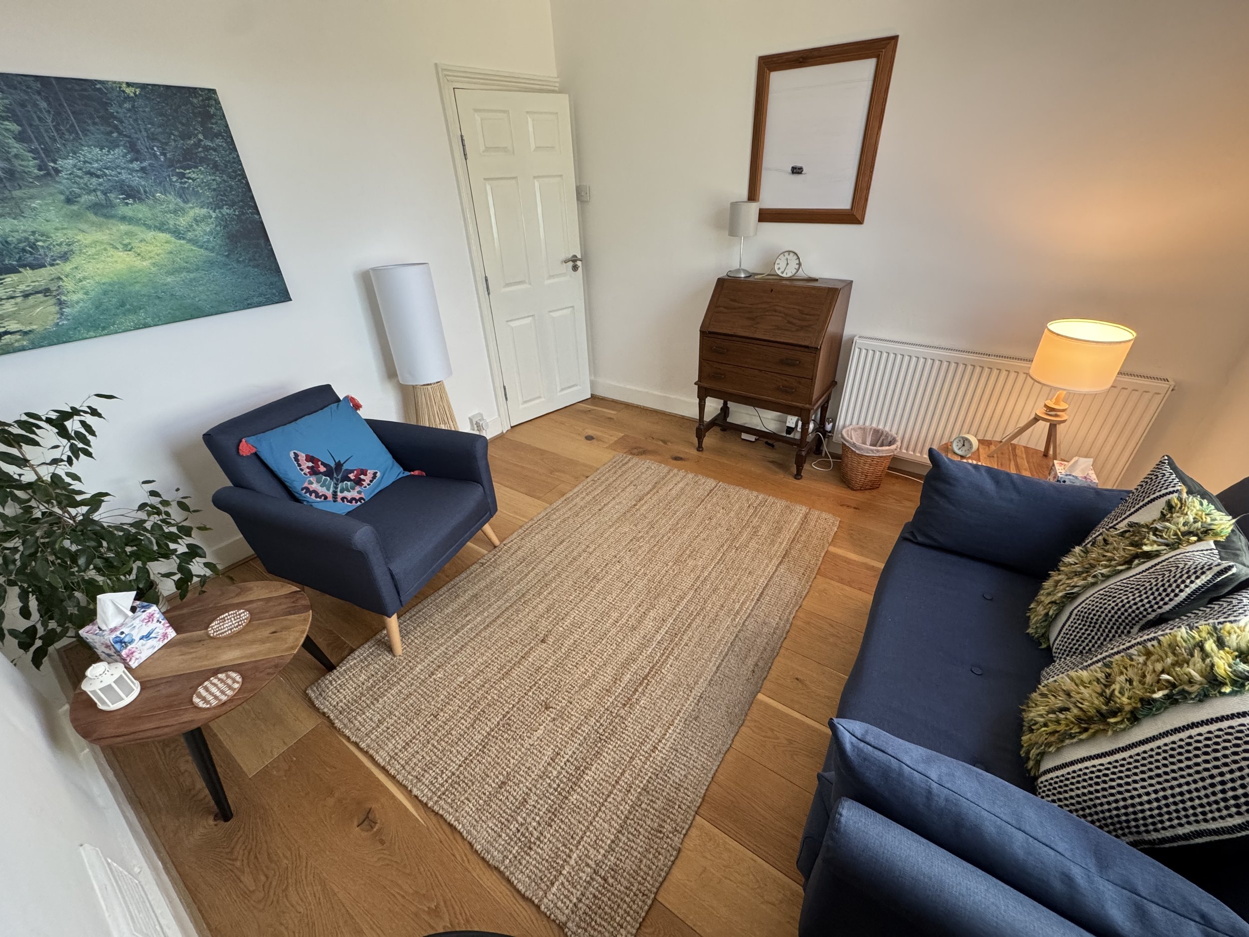 Living room with blue armchair, dark blue sofa, wooden coffee table, rug, floor lamps, artwork on the wall, and a radiator.