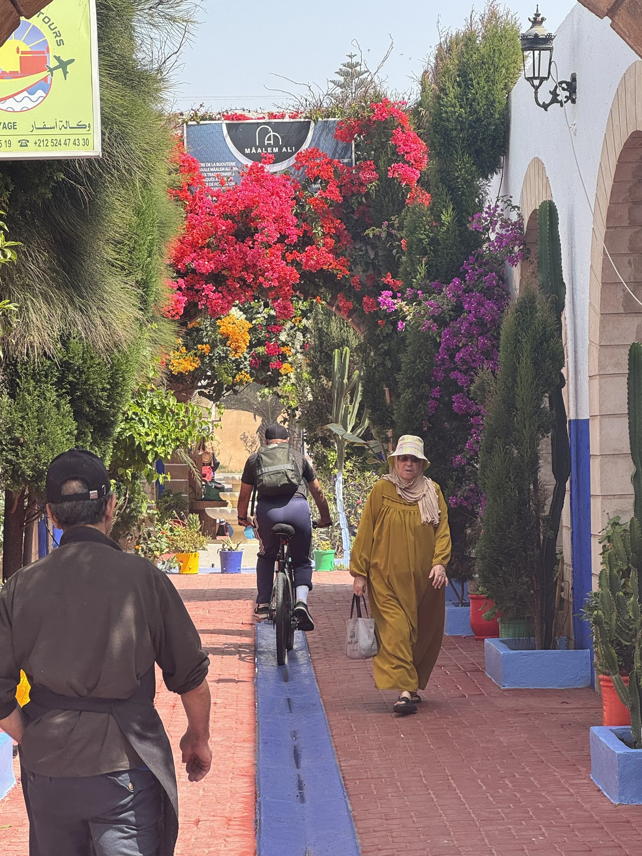 A lively street scene with people walking and biking along a colorful sidewalk adorned with vibrant flowers and plants. An arch covered in bright pink and purple flowers is prominent, and there are signs and plants along the building walls.