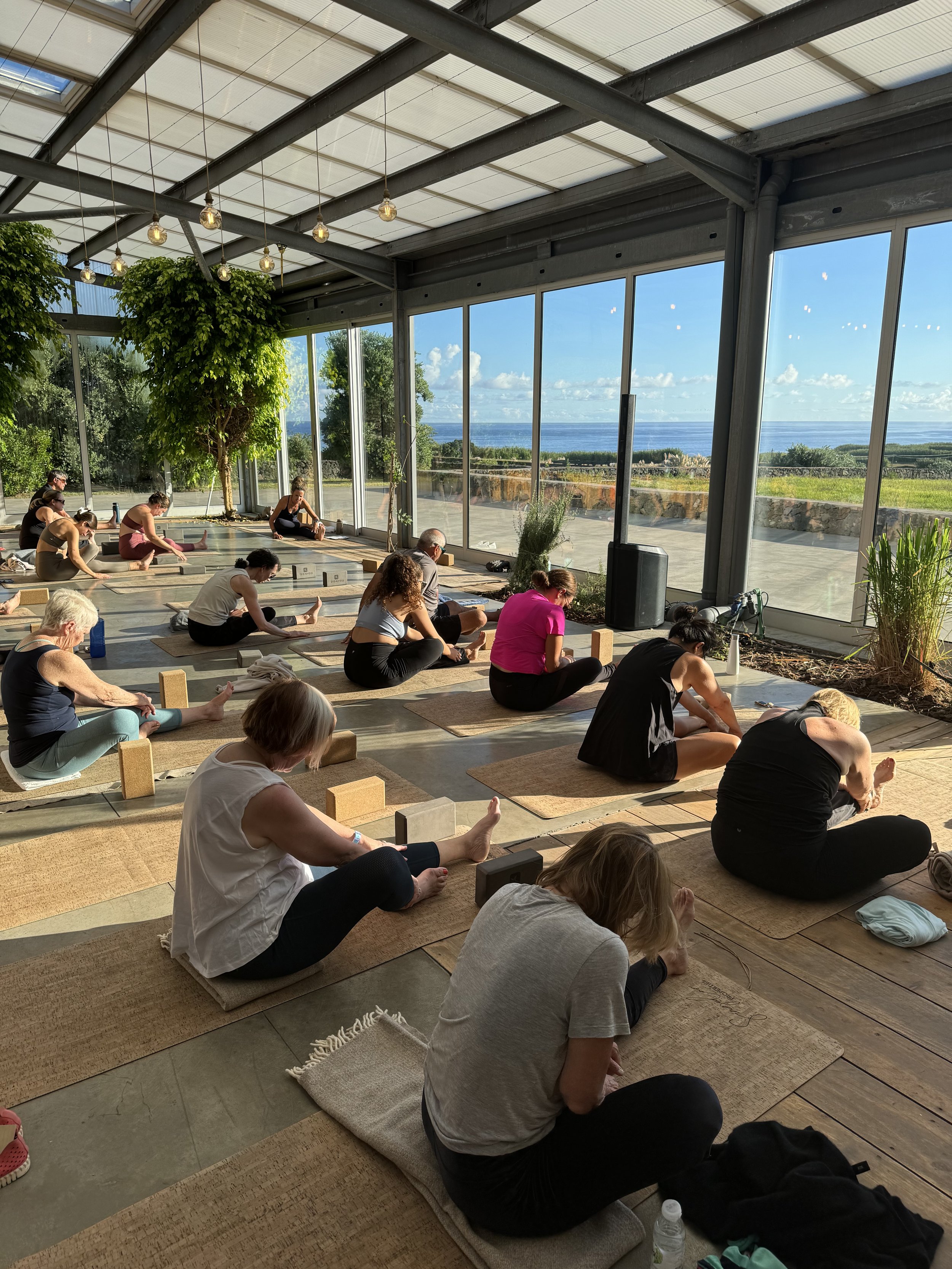 A group of people practicing yoga or stretching exercises in a bright indoor space with large windows overlooking a scenic view of the ocean, blue sky, and green landscape.