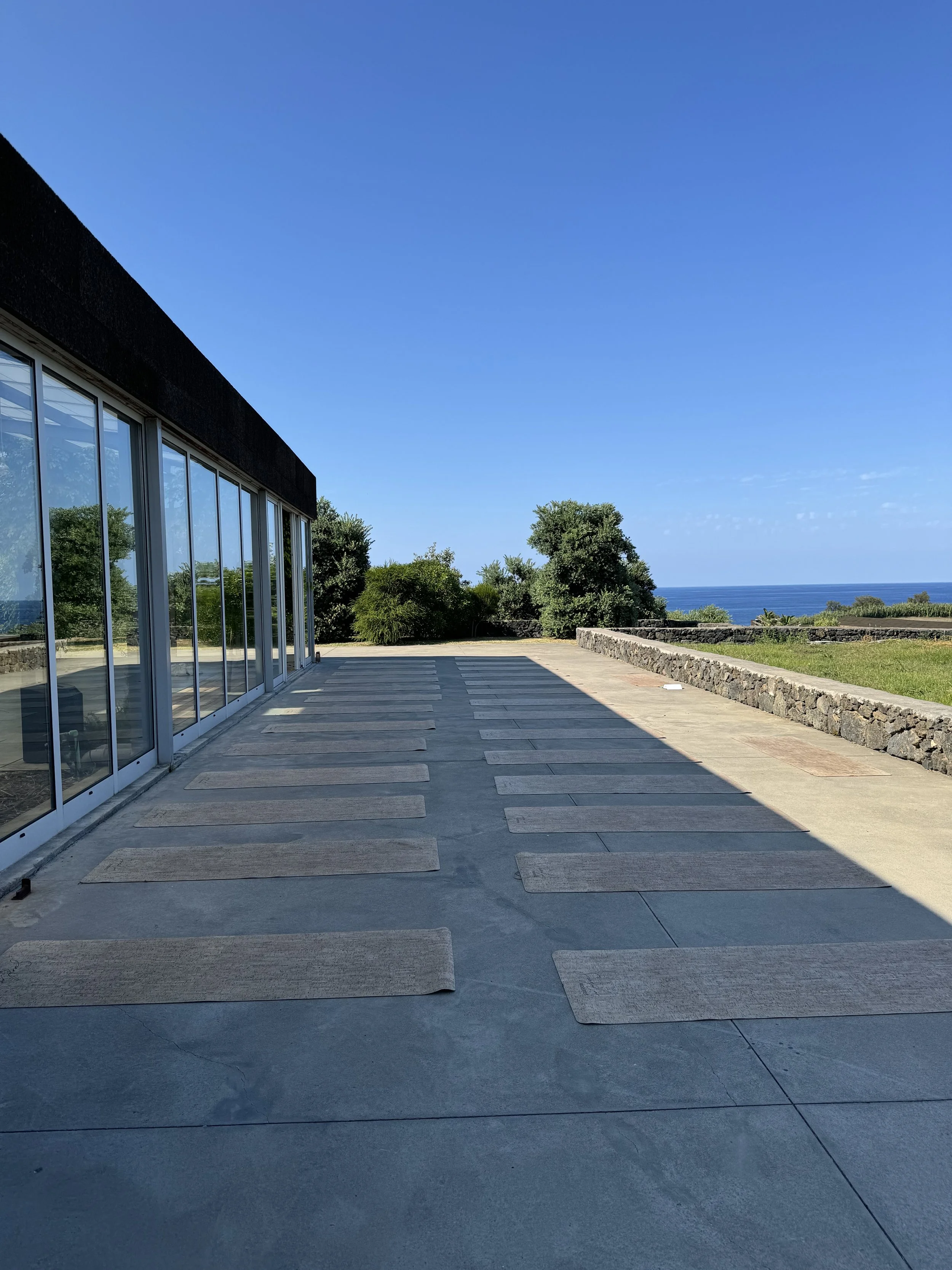 View of a modern building with large glass windows on the left, overlooking a landscape with trees and the ocean in the background, under a clear blue sky.