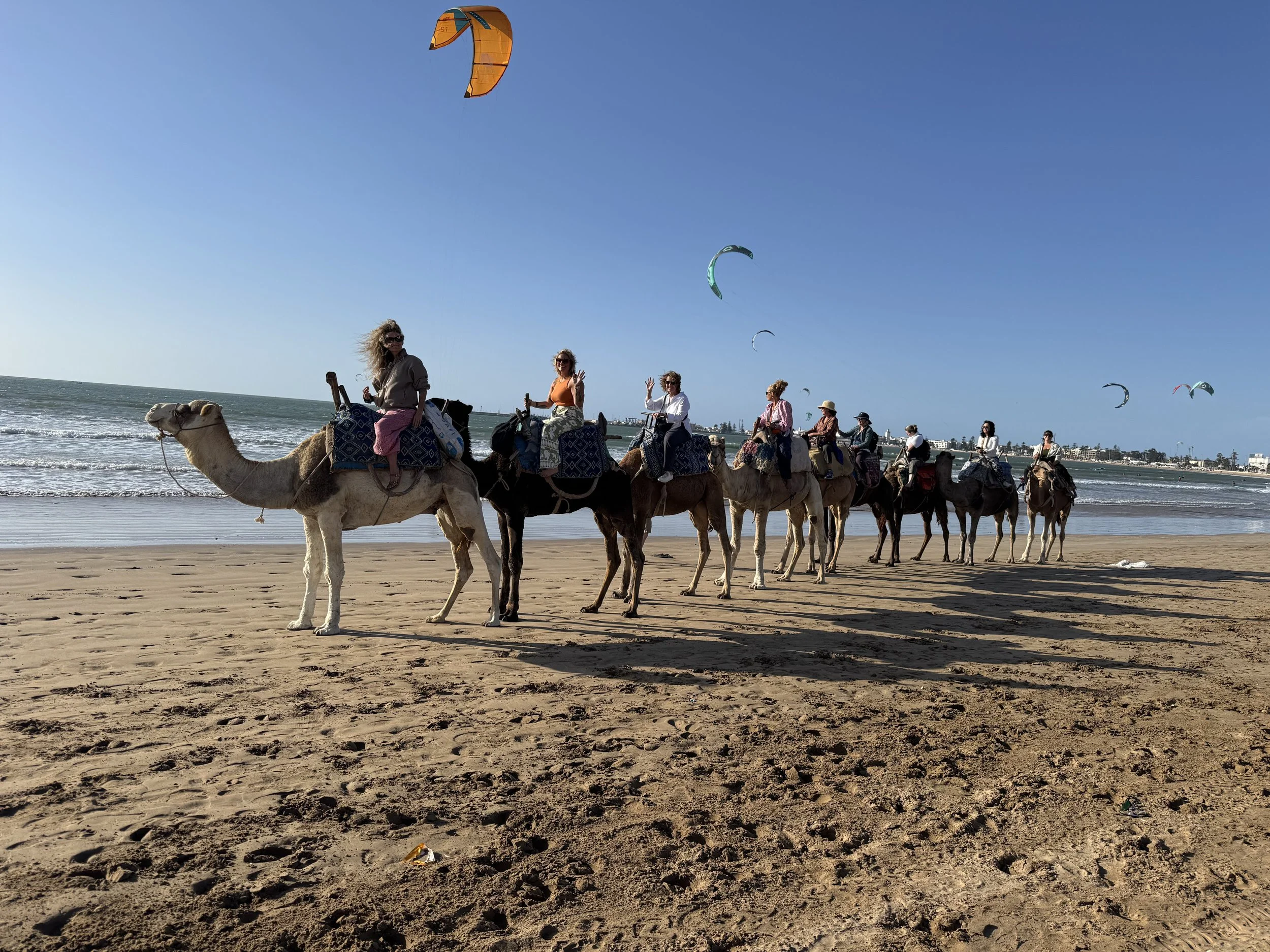 Group of women riding camels along a beach with kitesurfers in the sky, ocean waves, and a cityscape in the background.