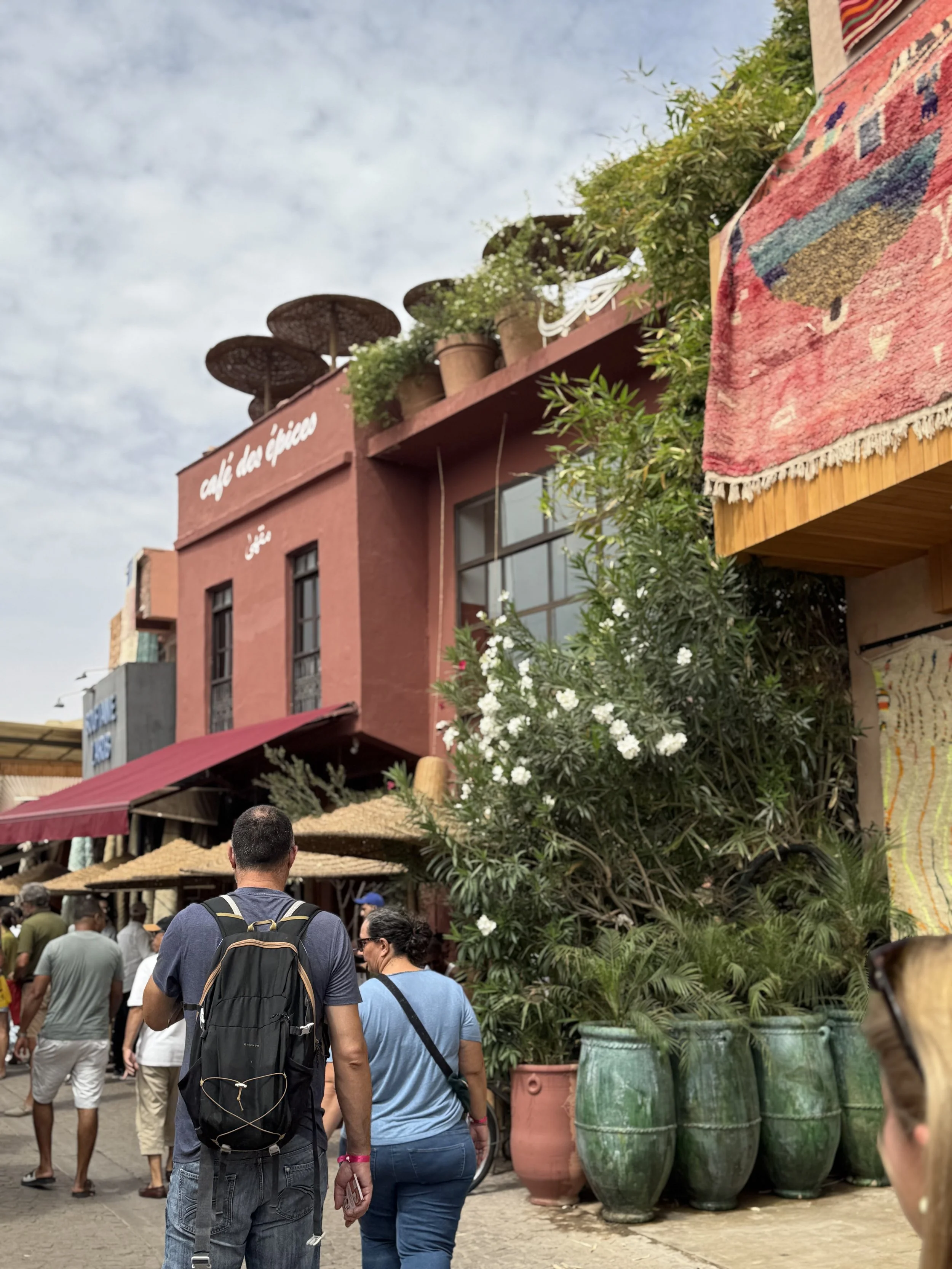 People walking outdoors in a marketplace or shopping area, with large green ceramic pots and lush greenery nearby, and a pink building with potted plants on the balcony.