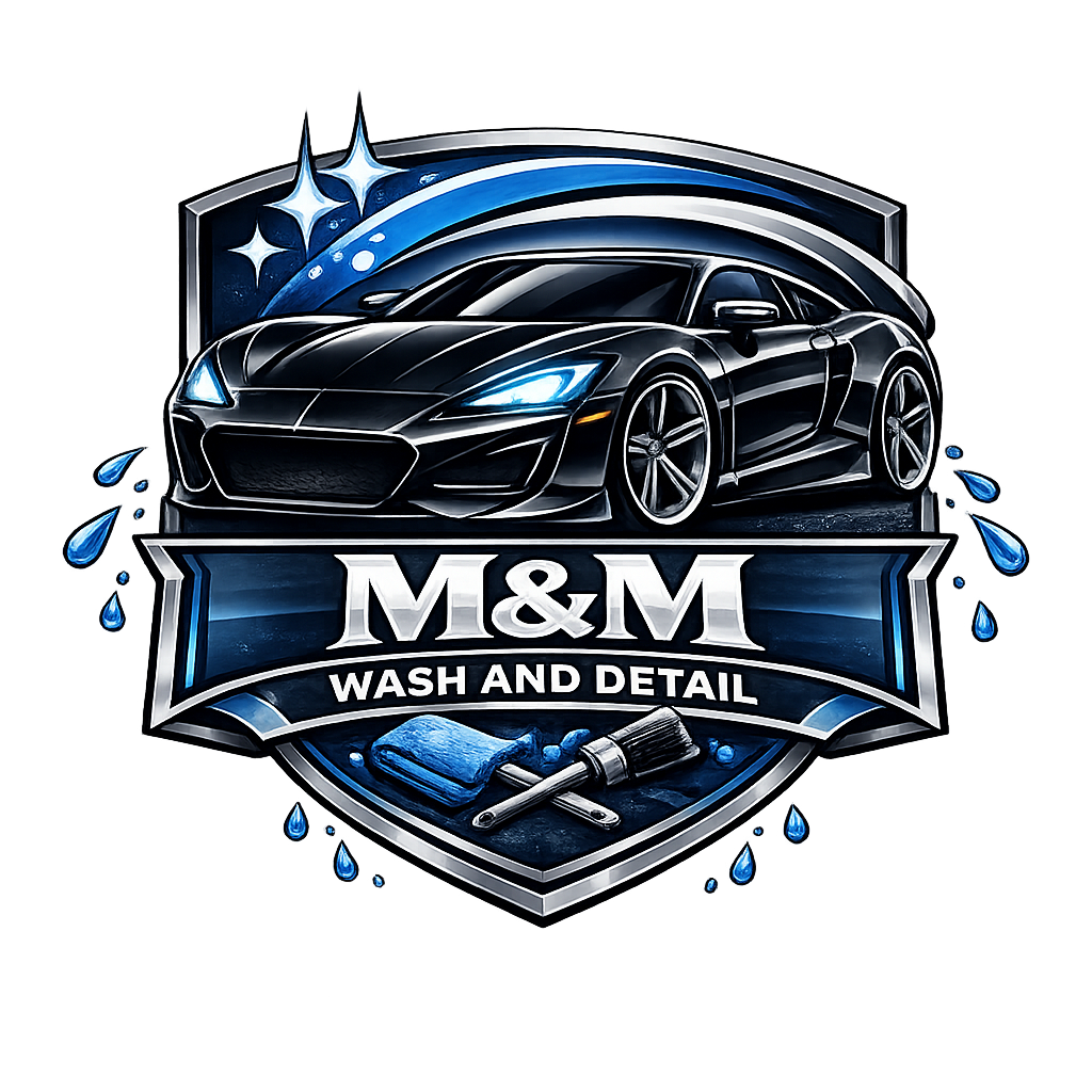 Logo for M&M Wash and Detail featuring a black sports car, water droplets, cleaning brushes, and a blue and silver shield.