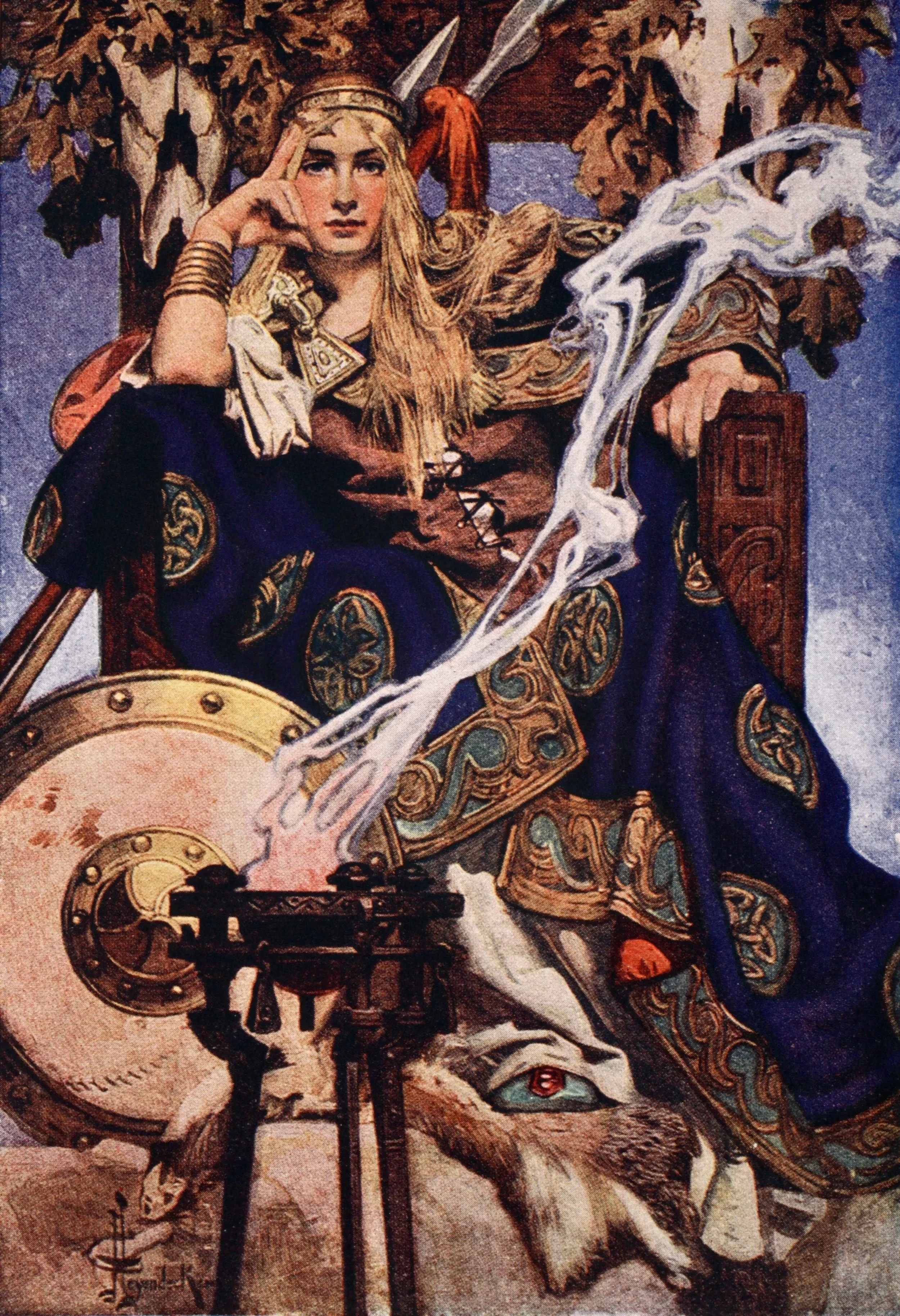 Painting of Queen Maeve by J C Leyendecker in Art Nouveau style. Queen Maeve has long blonde hair with a golden crown and is sitting on a throne with a large shield and elaborate brazier in the foreground emitting a wisp of smoke.