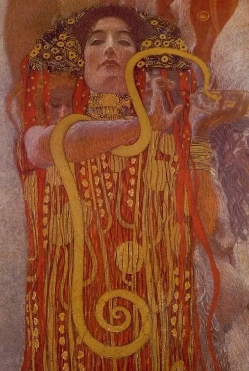 Cropped painting of ‘Hygeia’ by Gustav Klimt, 1907. Hygeia is the Greek Goddess of health and hygiene. She is dressed in red, holding a bowl and has a yellow snake wrapped round her right wrist.
