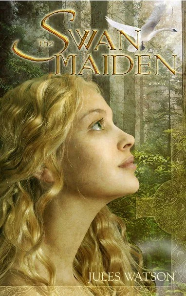 Book cover titled ‘The Swan Maiden’ featuring Deidre, a young woman with long, curly blonde hair in a forest, looking upward at a flying swan.