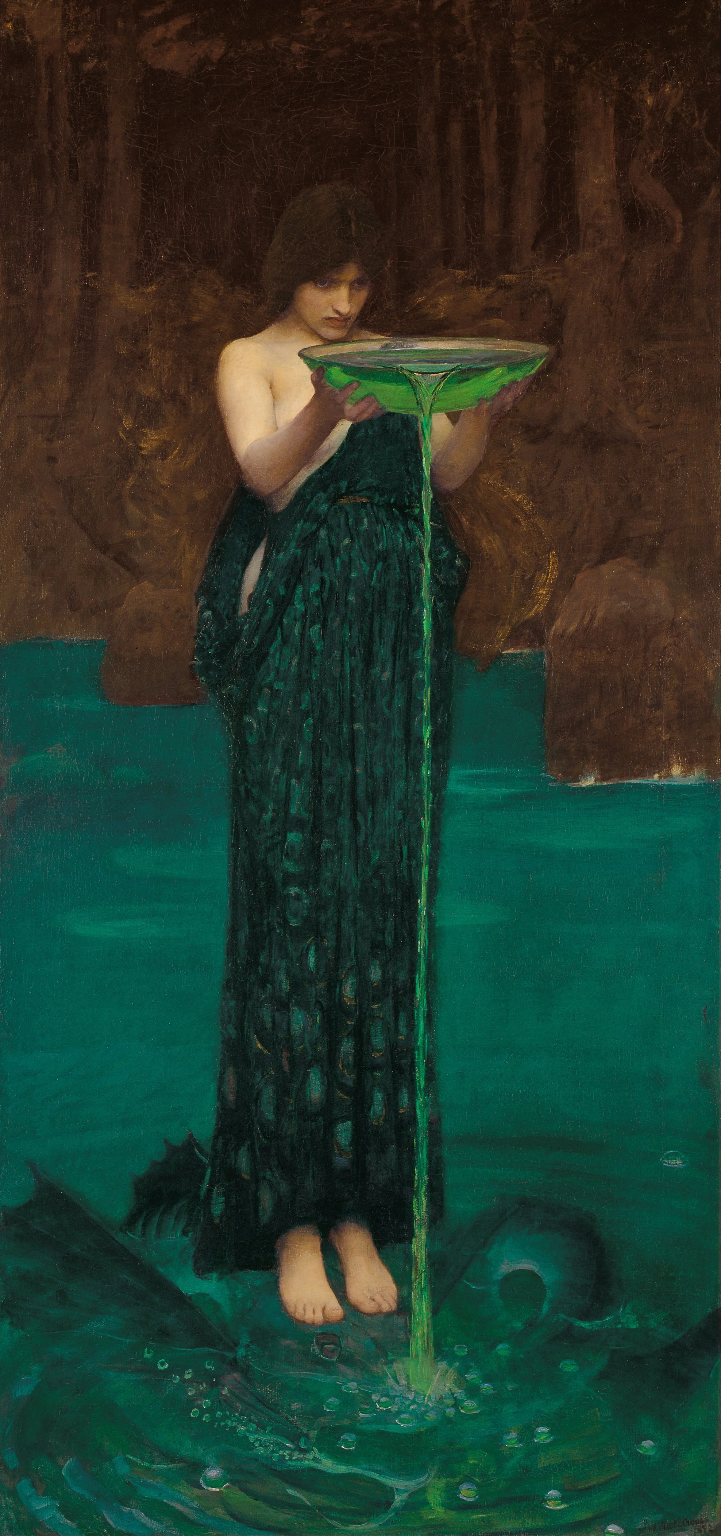 Painting titled ‘Circe Invidiosa’ by John William Waterhouse in the Pre-Raphaelite style. Circe is standing barefoot, wearing a green dress and holding a large green bowl from which green liquid is pouring into the water below.