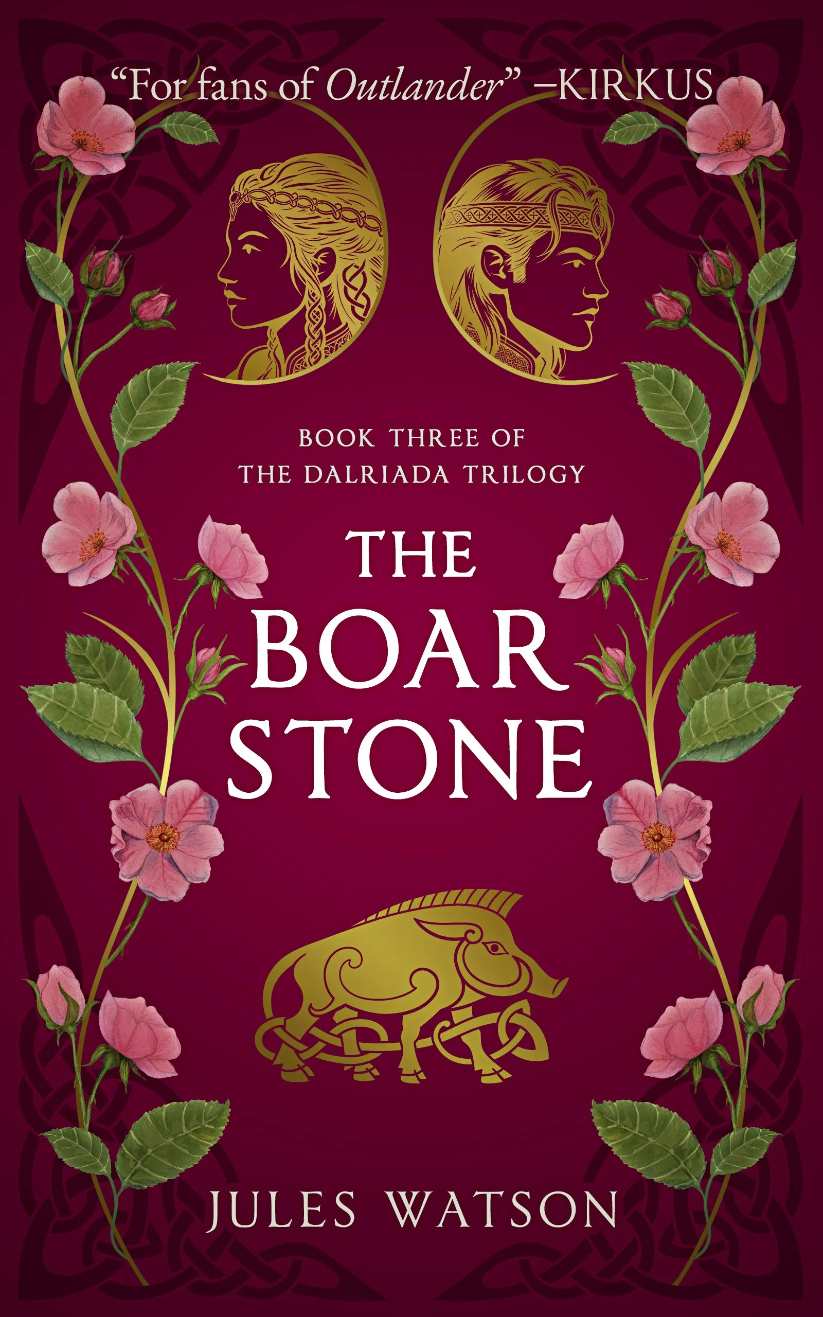 Book cover titled ‘The Boar Stone’ by Jules Watson, Book Three of the Dalriada Trilogy. Featuring gold-lined profiles of characters Mina and Cian, surrounded by pink flowers and green leaves on a heather coloured background and gold boar at bottom.