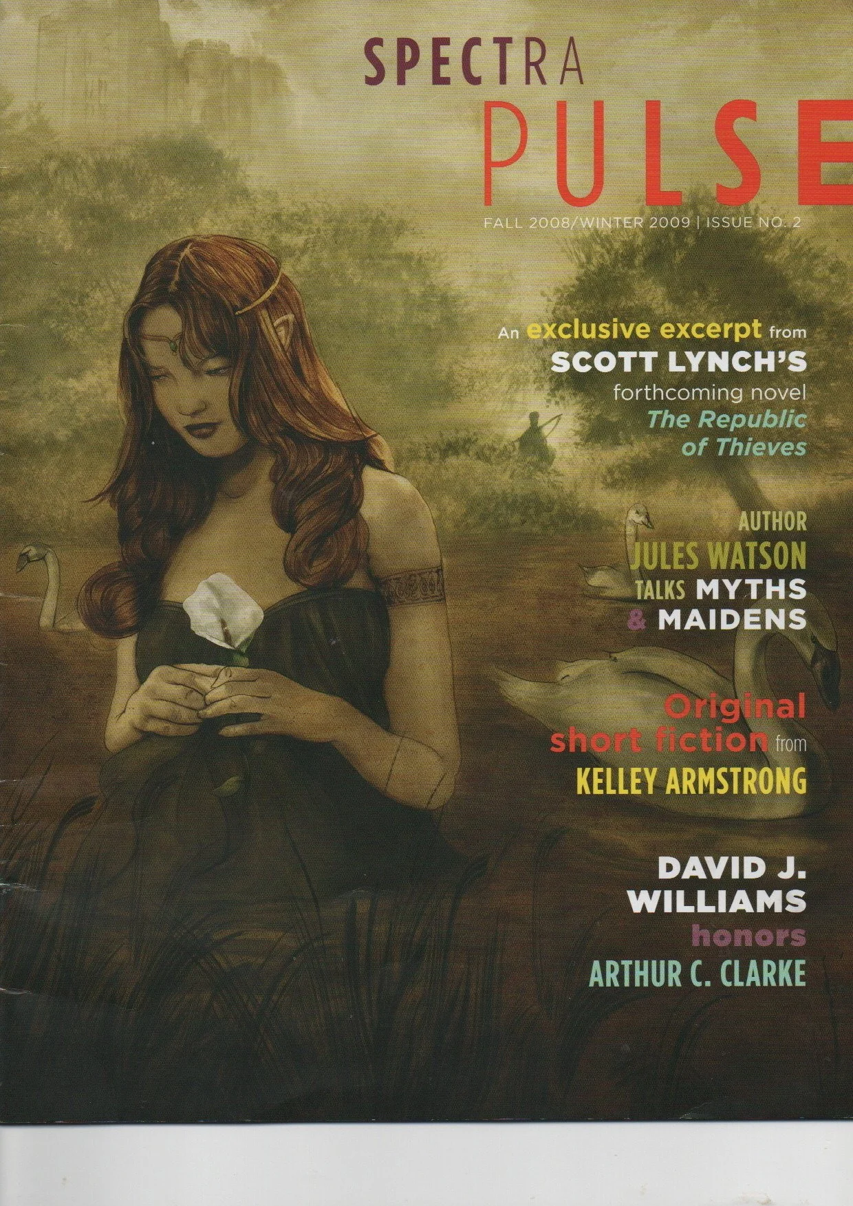 Magazine cover for Spectra Pulse, Fall 2008/Winter 2009, Issue No. 2. Features an illustration of a woman with long red hair holding a white flower. Includes reference to interview with author Jules Watson who talks myths and maidens.