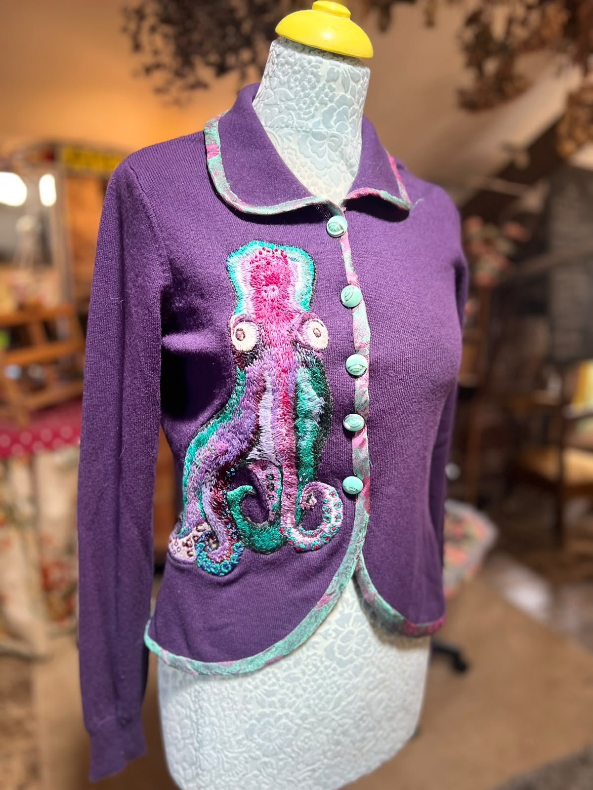 Purple Cashmere Cardigan with Hand Embroidered  Octopus
