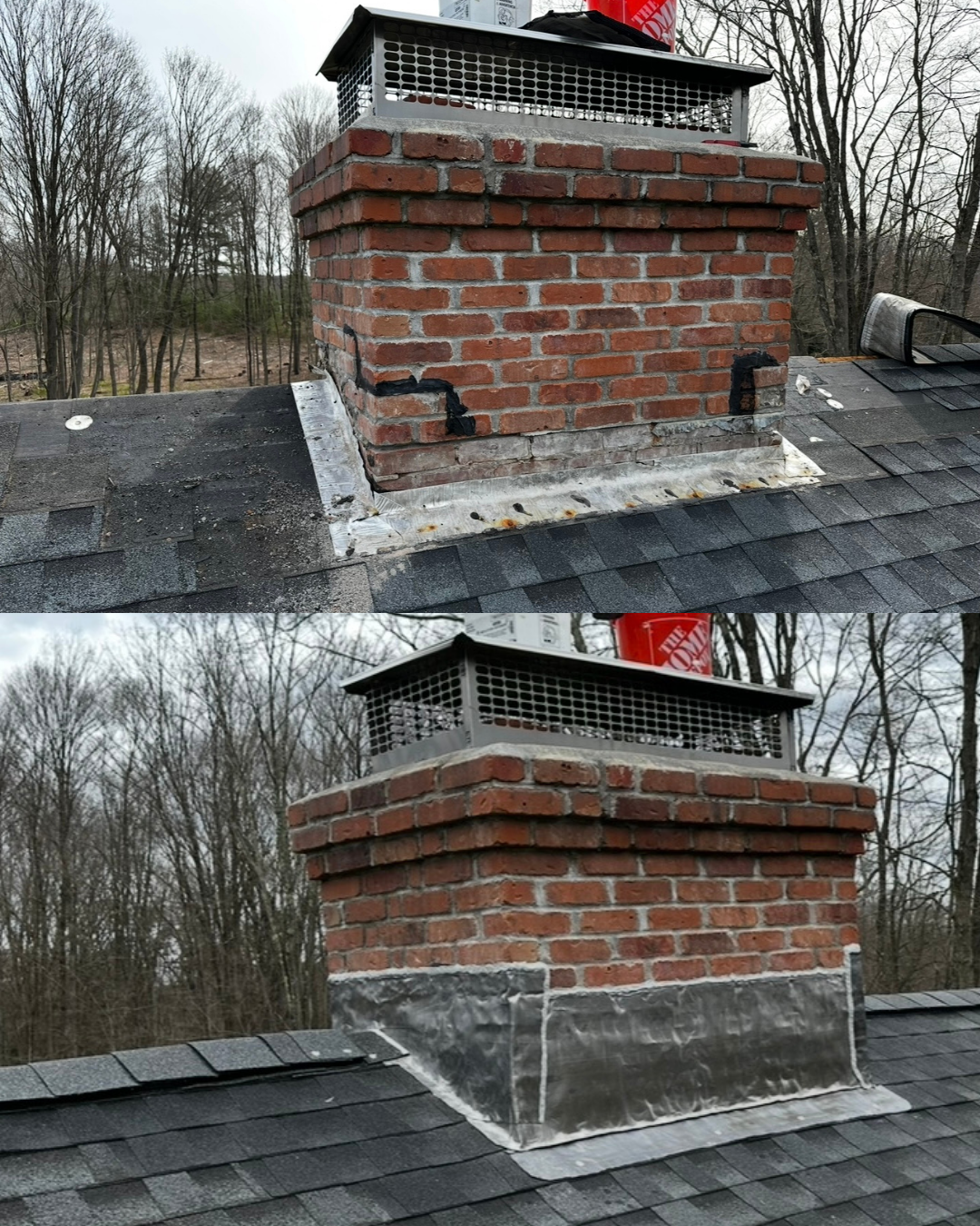 A brick chimney on a roof with black shingles, shown before and after repair work. The top photo displays damage, while the bottom photo shows the repairs with new flashing around the base of the chimney.
