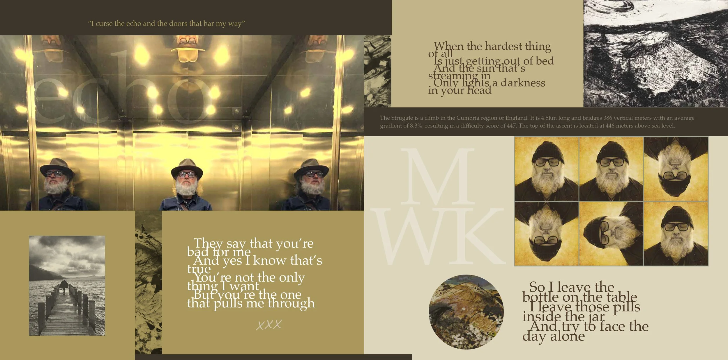Collage of images and text, including a man with a beard and glasses in an elevator, a wooden pier leading into a lake, and various artistic photographs and quotes about life and nature.
