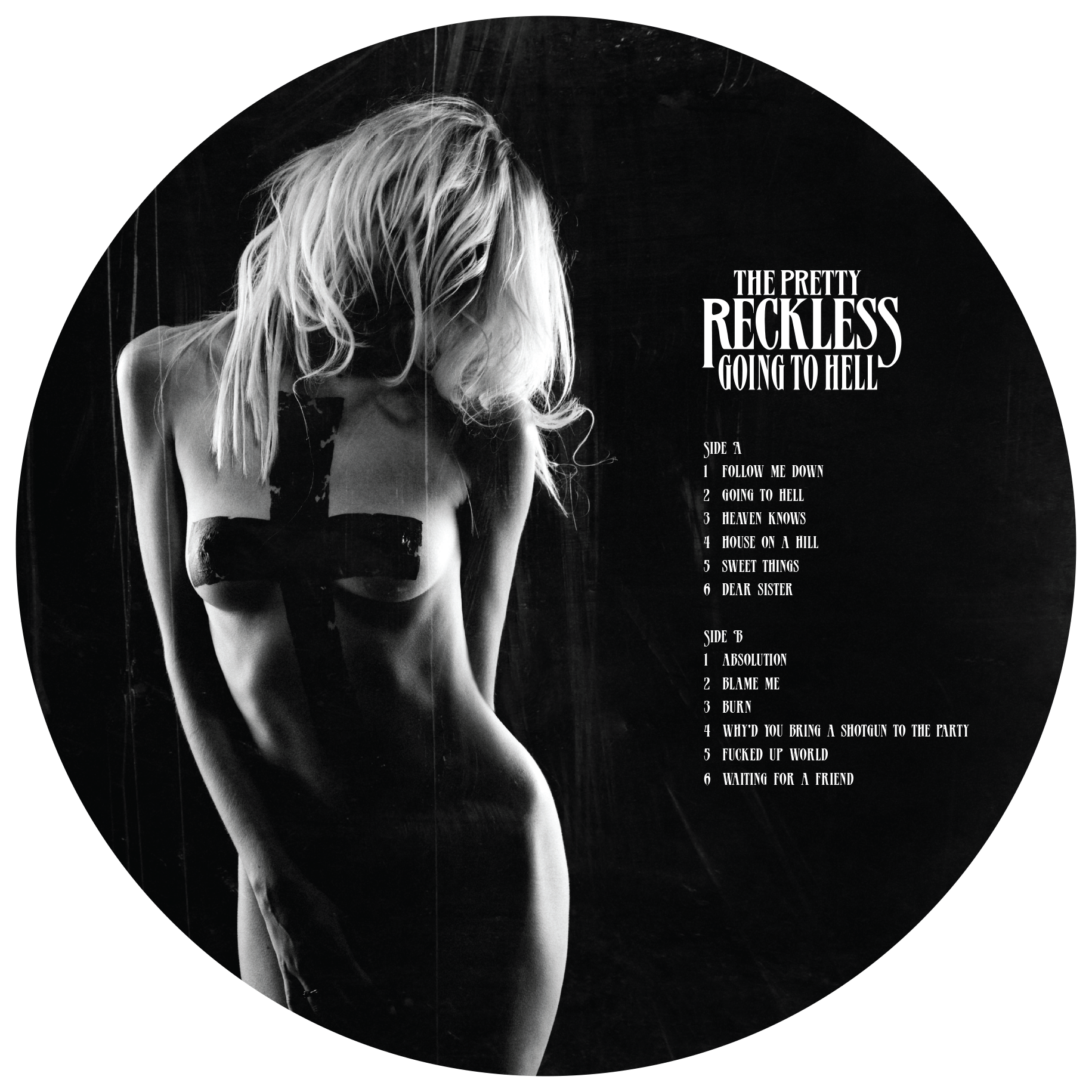 Black and white photo of a woman with long, messy hair, wearing a black top, looking down with her face partially obscured. To the right, there is a list of song titles for an album titled "The Pretty Reckless Going to Hell."