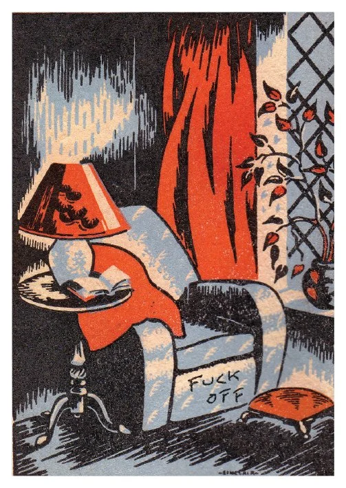A vintage-style illustration of a living room scene, featuring a hand with a sleeve that has the words "FUCK OFF" written on it, reaching to pick up a glass on a table. The scene includes a lamp, curtains, and a chair with a small wooden footstool ne