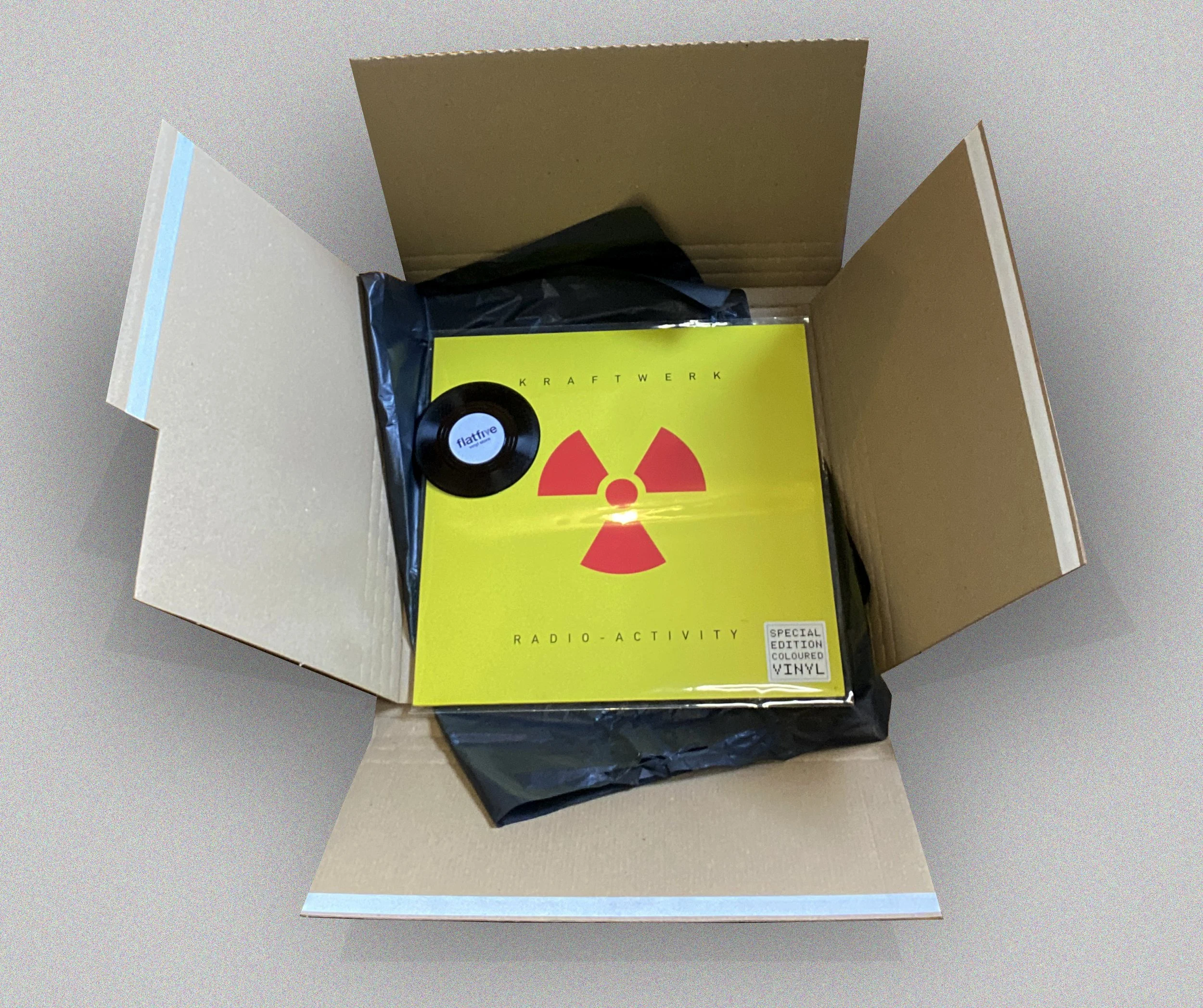 Photo of record inside a stiff packing box with black tissue